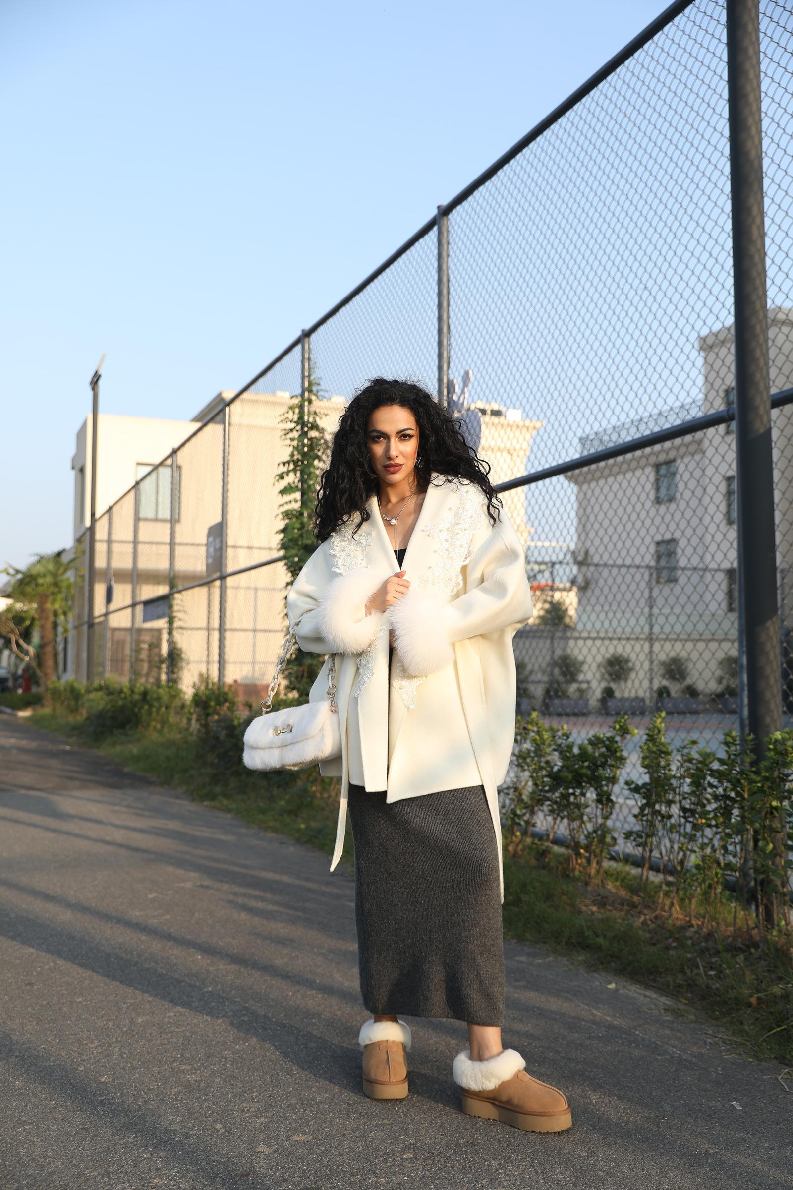 Double-Faced Cashmere Jacket for Women Vintage Lace with Rhinestone Double-Faced Wool Outer Jacket - Janefur