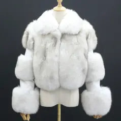 Women's Lapel Luxury Fox Jacket Full Fur Solid Color Short Style - Janefur