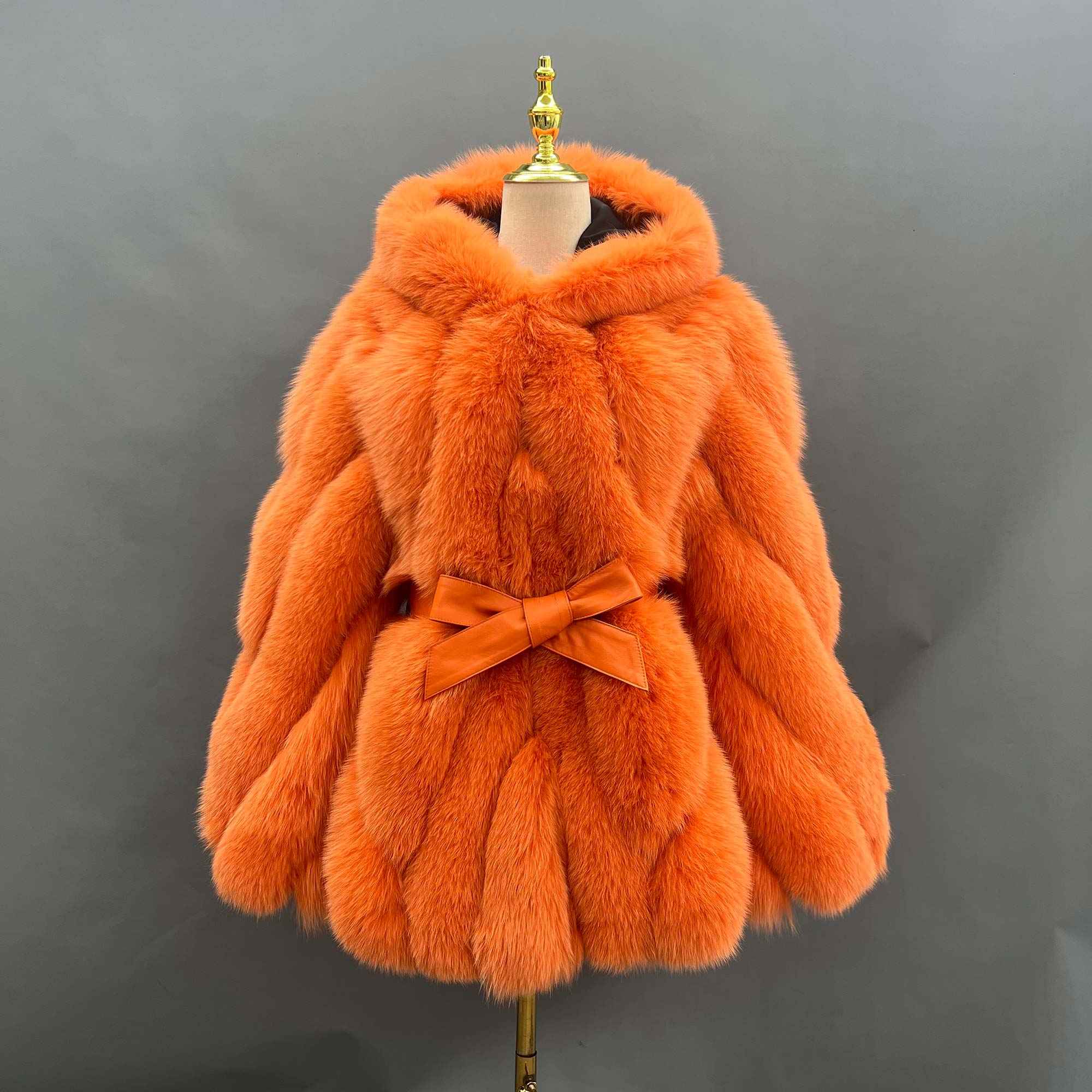 Factory Wholesale Solid Color Womens Fox Fur Thick Coat with Hood - Janefur
