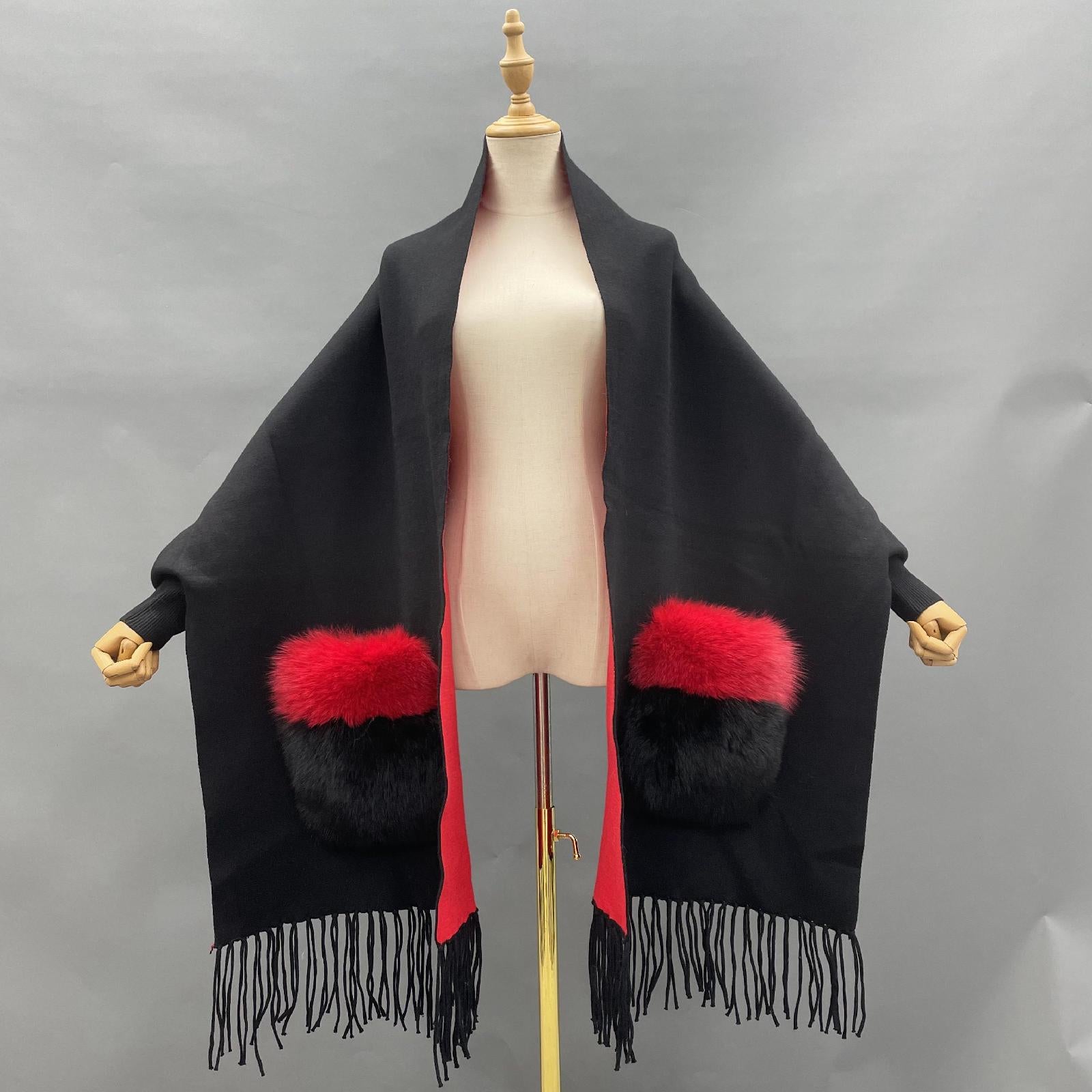Women's Shawl Cape with Pockets Fur Contrast Ribbed Cuffs Fashionable Soft Sleeved New Cape - Janefur