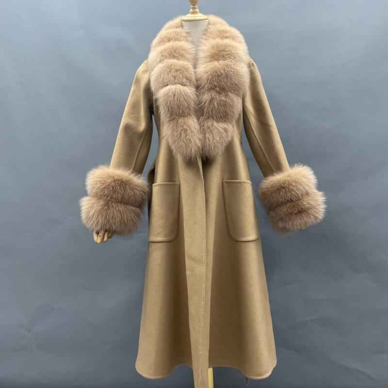 Skirt Hem Mandarin Collar with Sleeves and Two-section Fur Double-faced Wool - Janefur