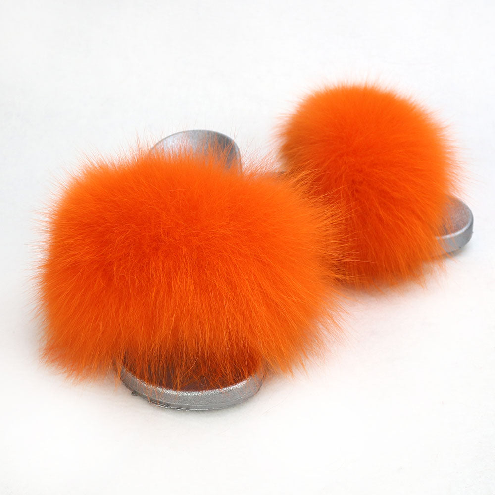 Janefur Wholesale Women's Fashion Slippers With Real Fox Fur Trim (Black, Gold, Silver Soles)