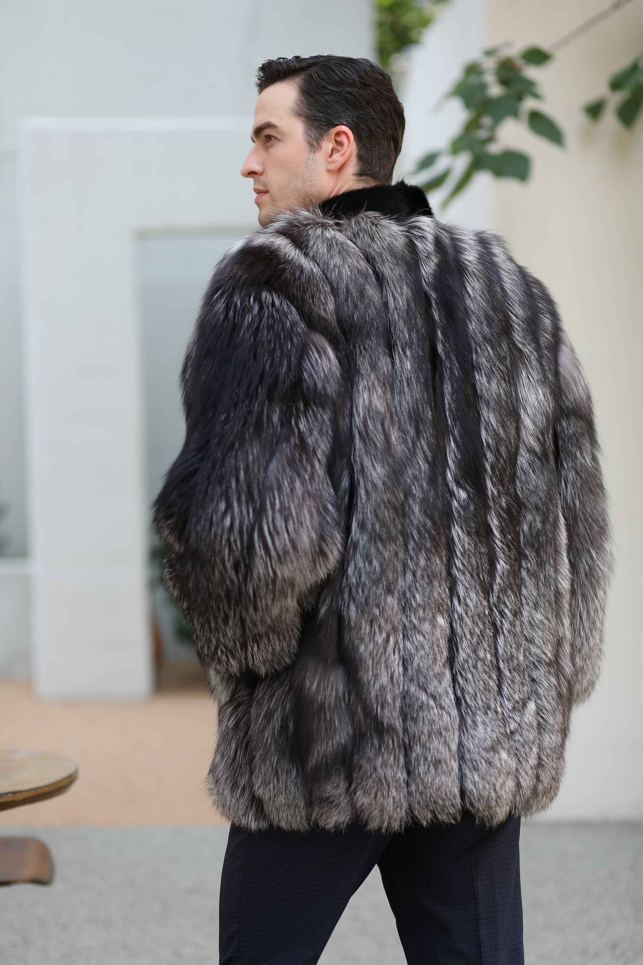 Men's Luxurious Silver Fox Fur Jacket with Mink Placket Detail - High-End Winter Outerwear