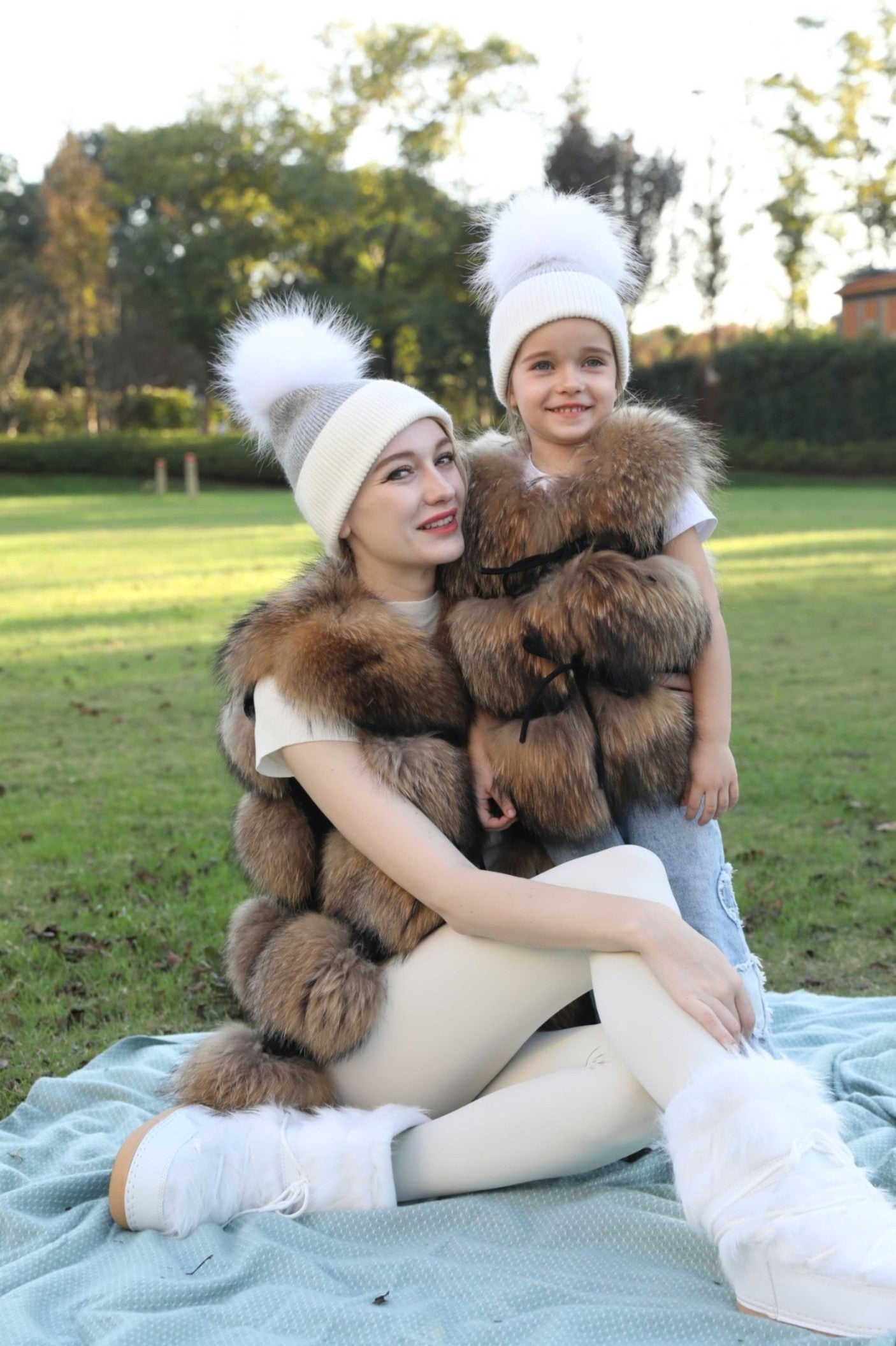 Contrast Color Angora Knitted Fur Pom Pom Warm Beanie Hat For Adults and Children - Janefur
