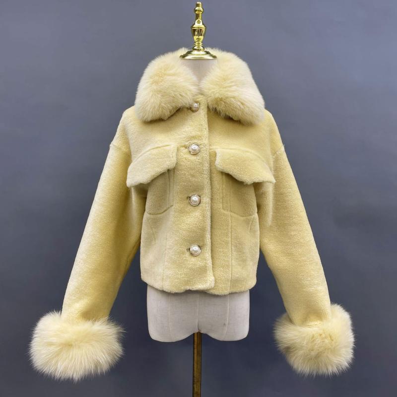 Pearl Button Lapel Shearling Short Jacket - Janefur