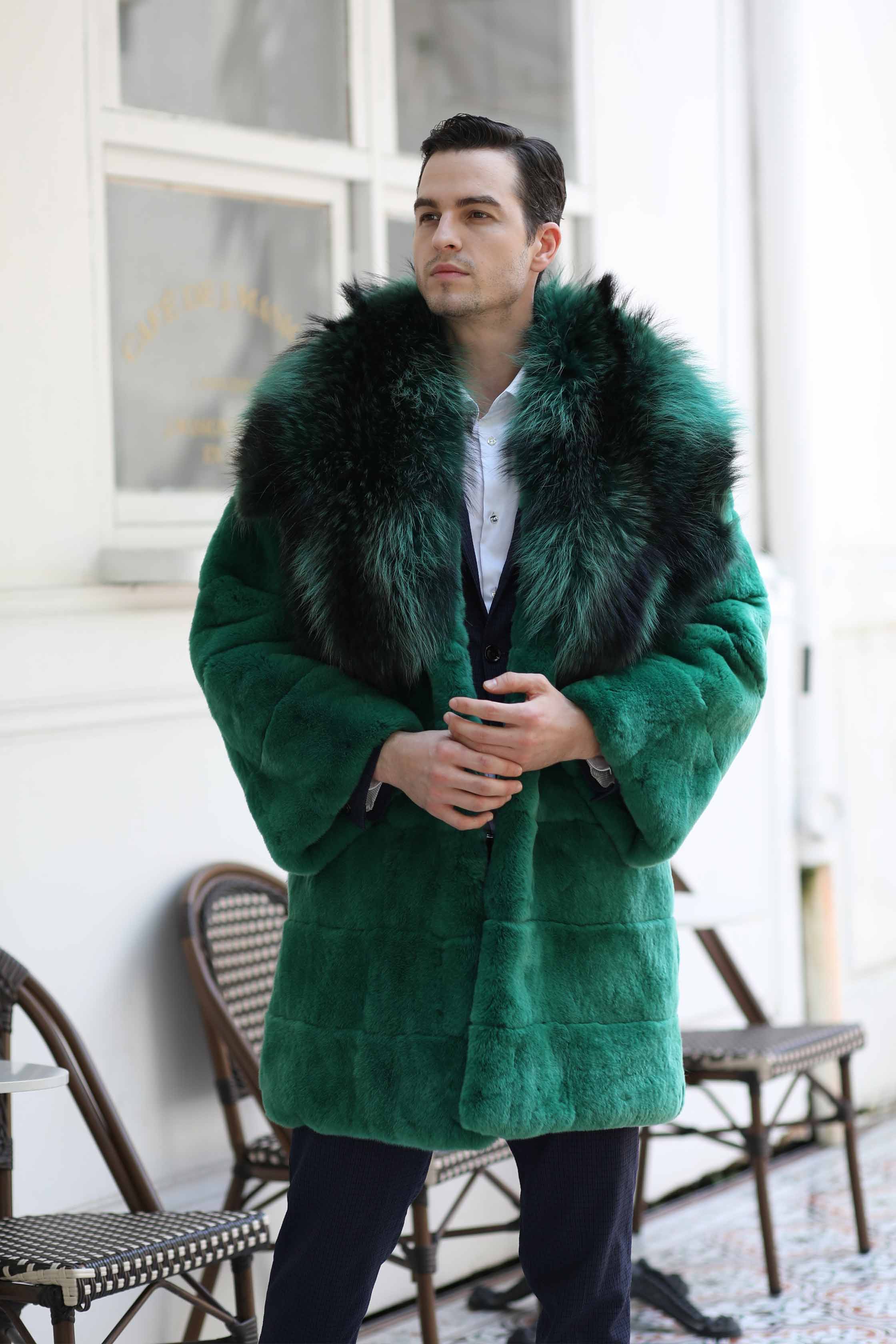 Luxury Winter Men's Long Raccoon Fur Collar Rabbit Fur Coat - Janefur