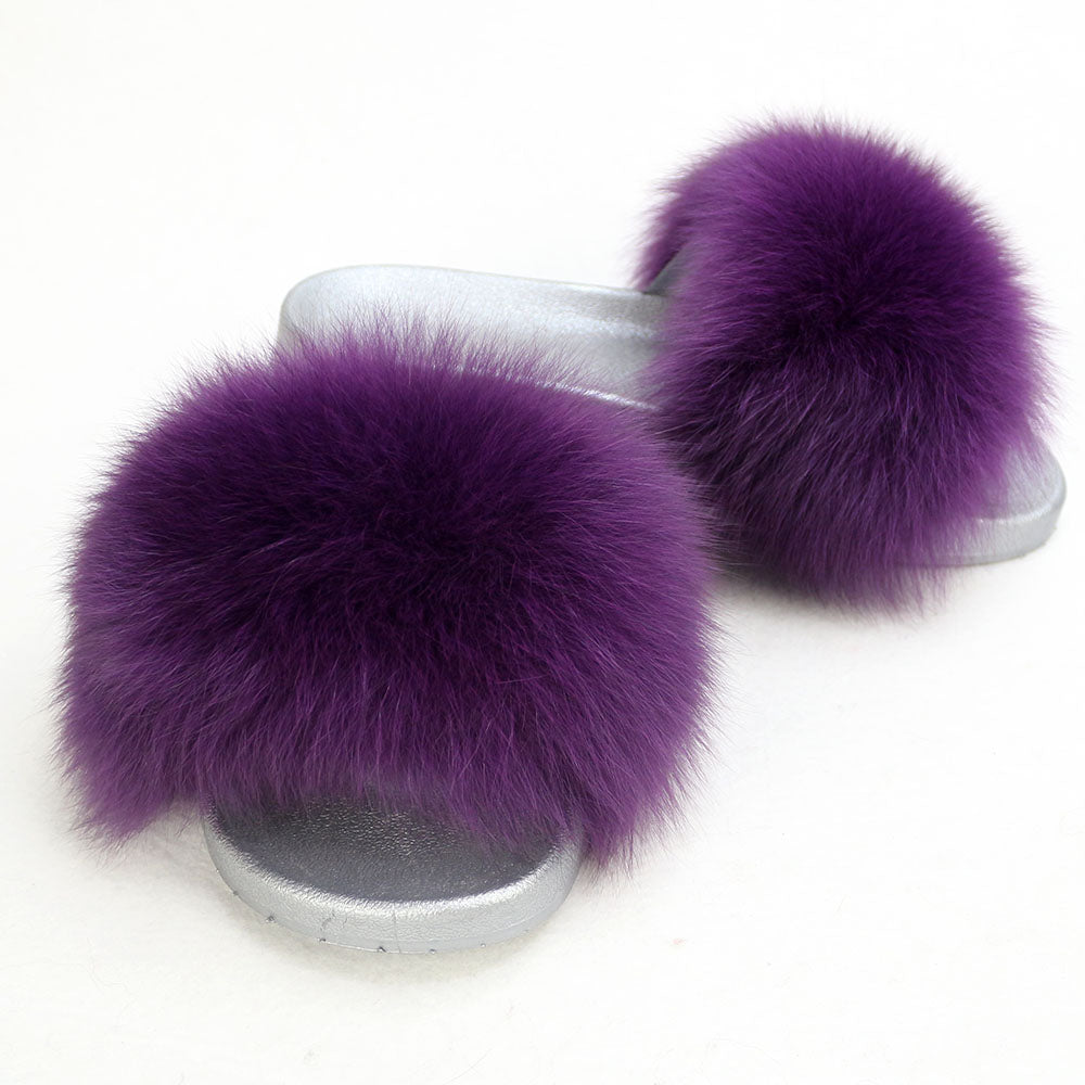 Janefur Wholesale Women's Fashion Slippers With Real Fox Fur Trim (Black, Gold, Silver Soles)
