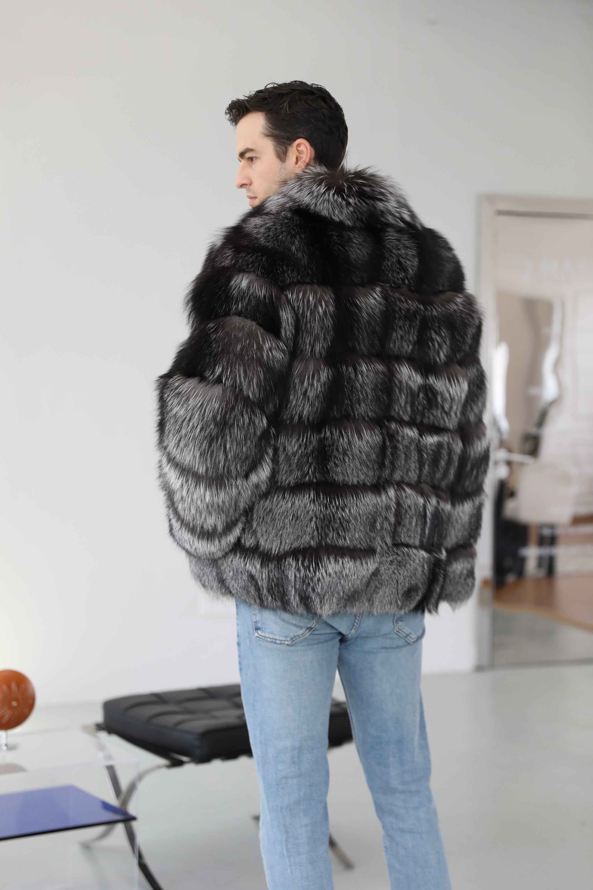 Men's Luxurious 6-Panel Notched Collar Silver Fox Fur Coat - High-End Winter Outerwear