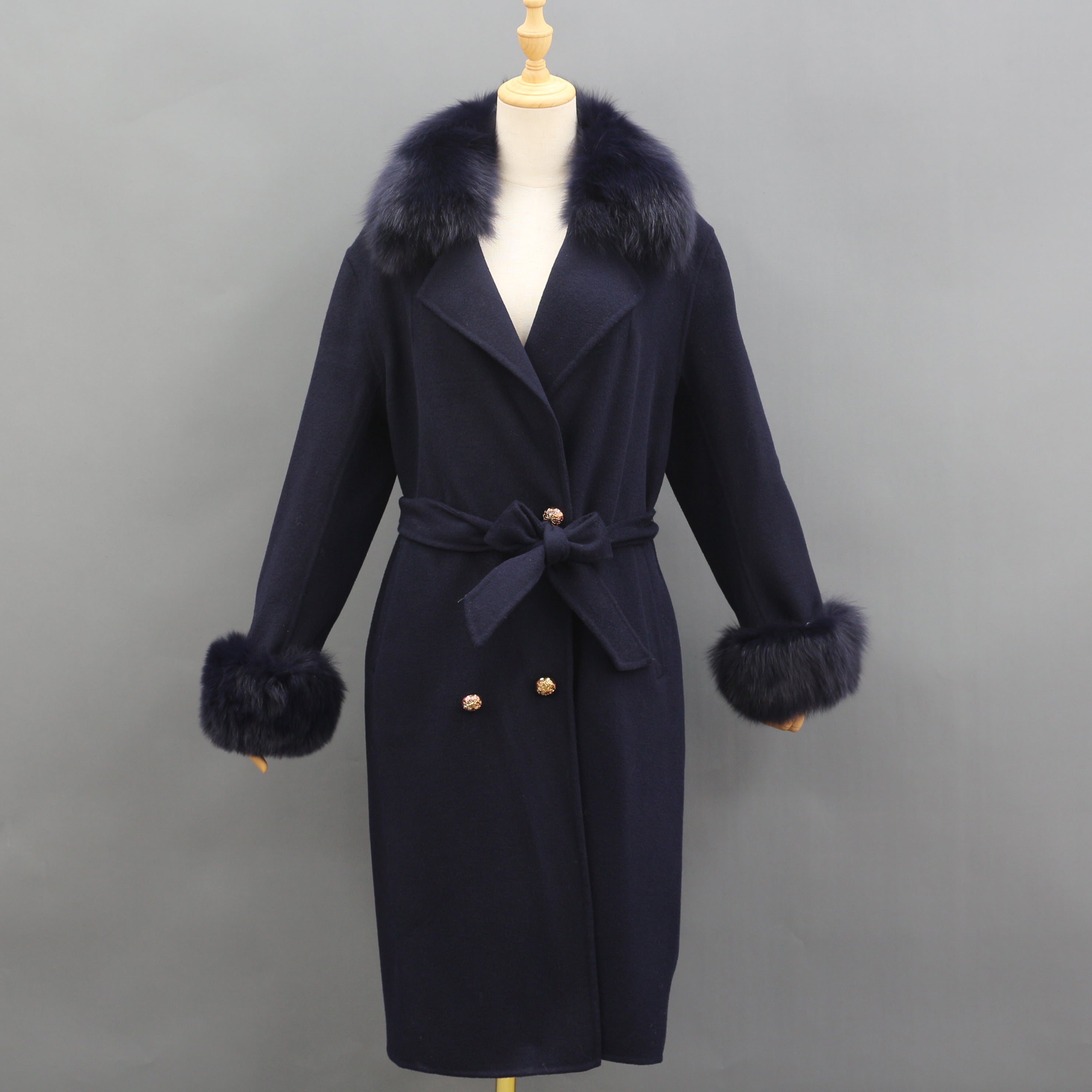 Women's Long Cashmere Coat With Fox Fur Collar And Belt 5#Navy Black