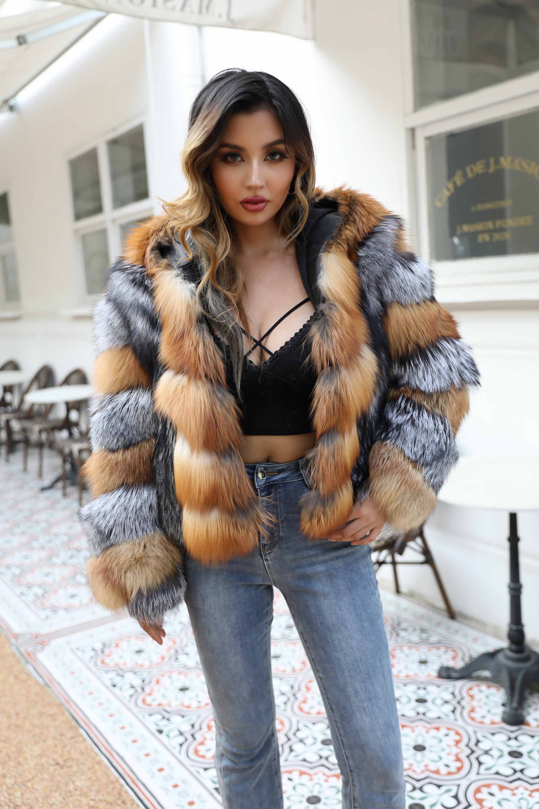 Winter Real Fox Fur Women's Fur Coat With Hat - Janefur