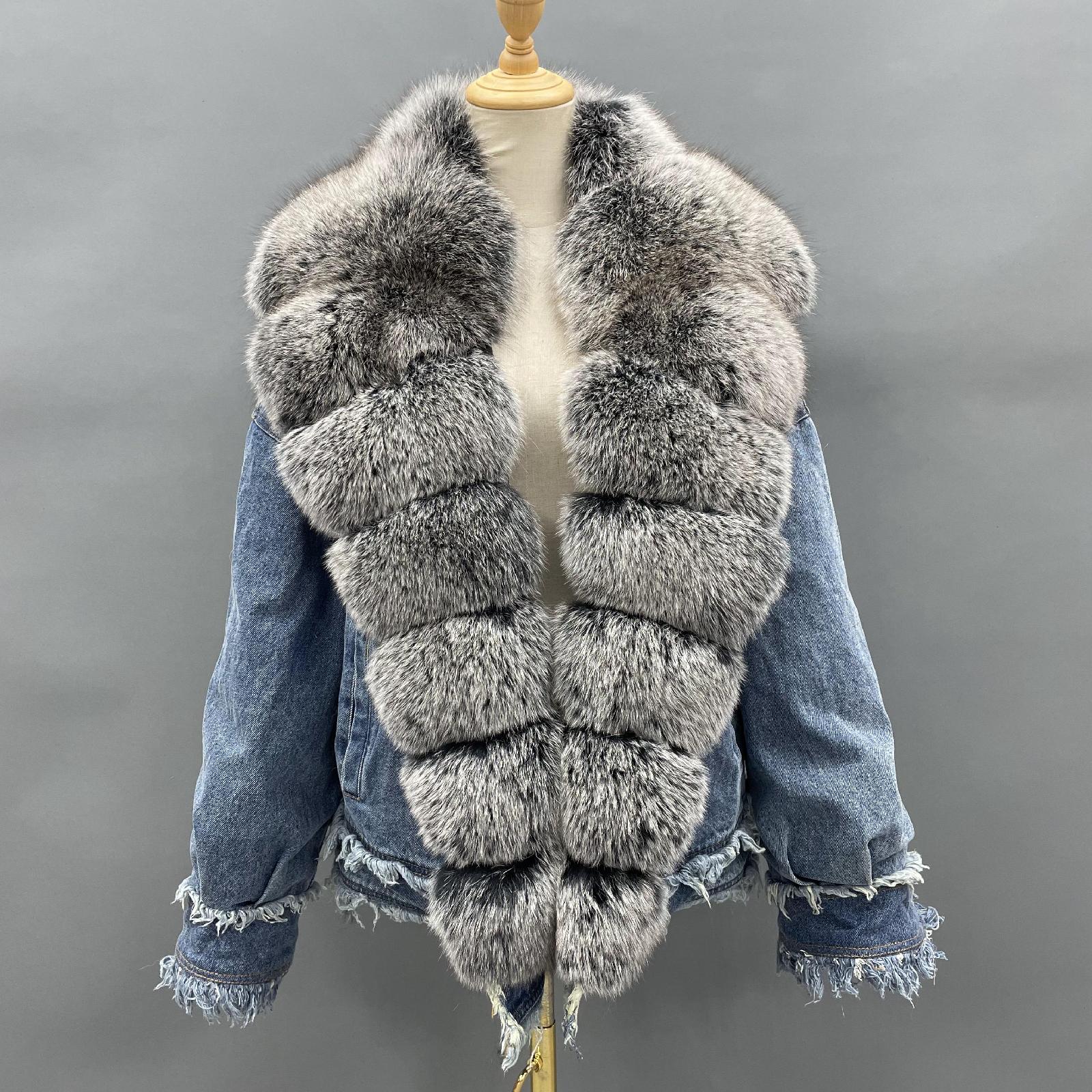 Women's Denim Jacket Leather Large Fox Fur Collar Winter Luxury Coat Fluffy Jacket Denim Blue Down Outerwear - Janefur