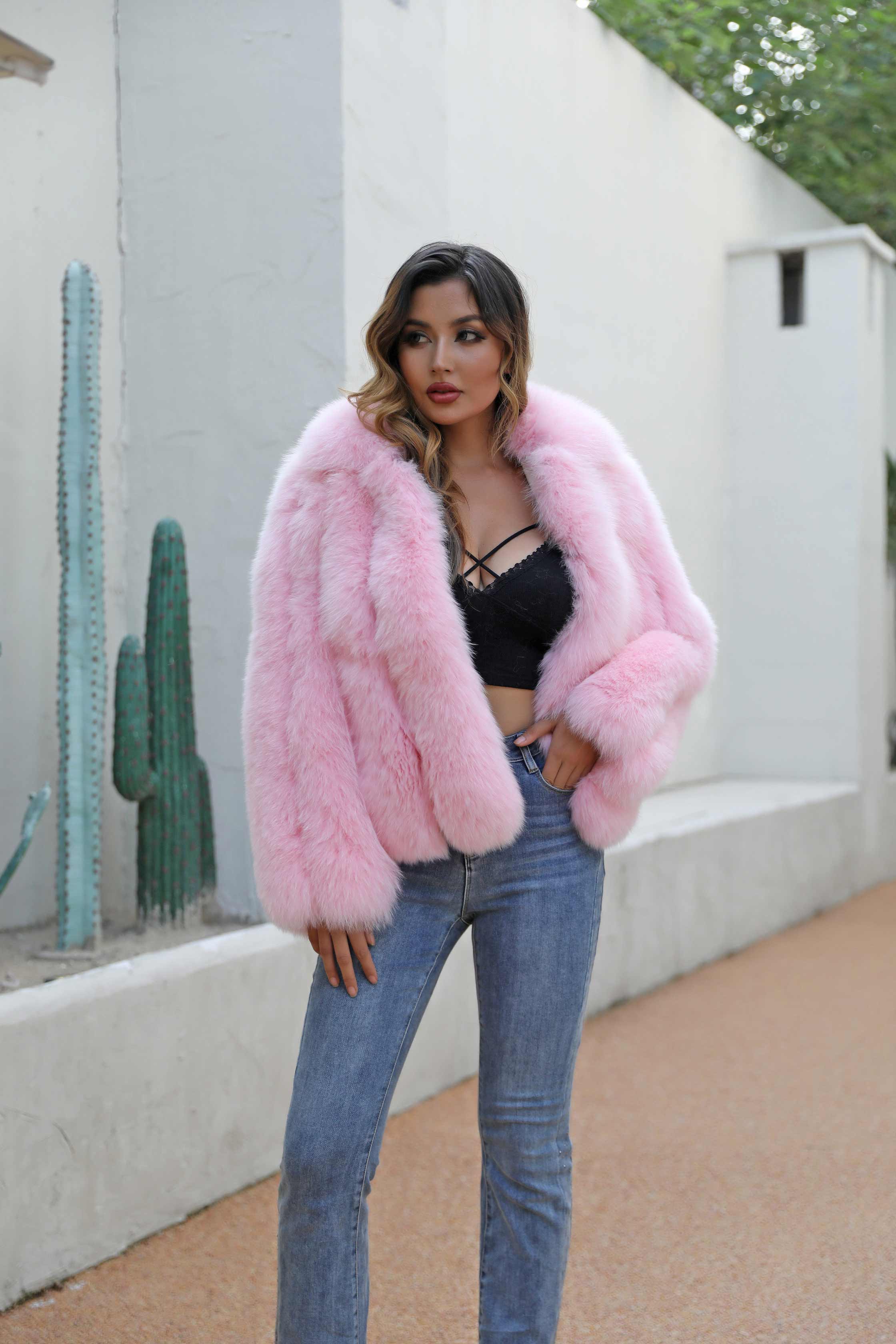 Winter Lapel Plush Vertical Stripe True Fox Fur Women's Coat - Janefur