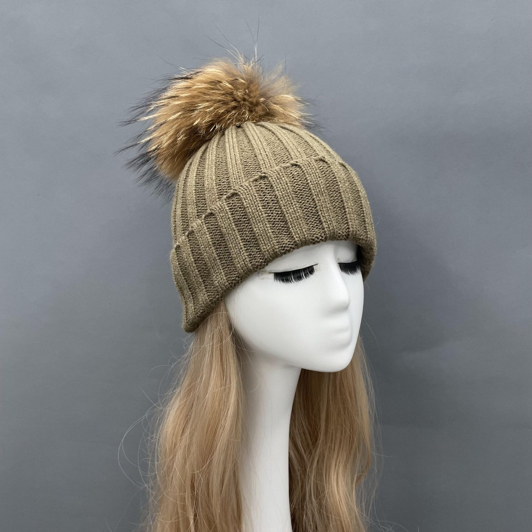 New Fall And Winter Striped With Fur Pom Pom Acrylic Hat - Janefur