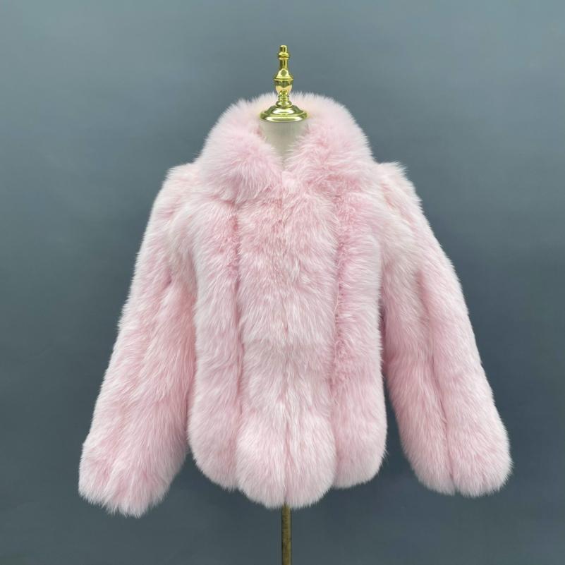 Winter Lapel Plush Vertical Stripe True Fox Fur Women's Coat - Janefur