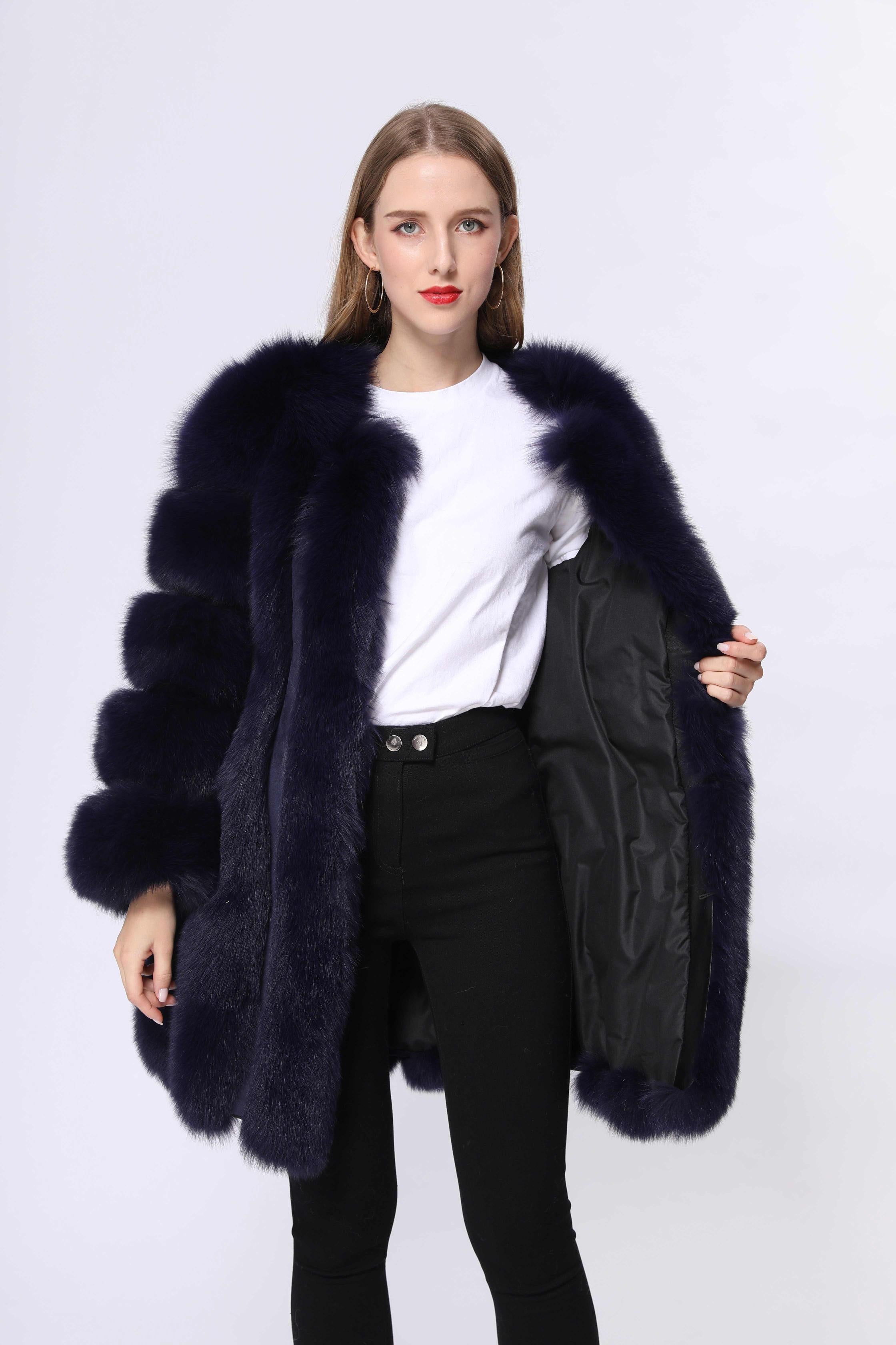 Fashion Women's Long Fox Fur Coat Vertical Stripes Solid Color - Janefur