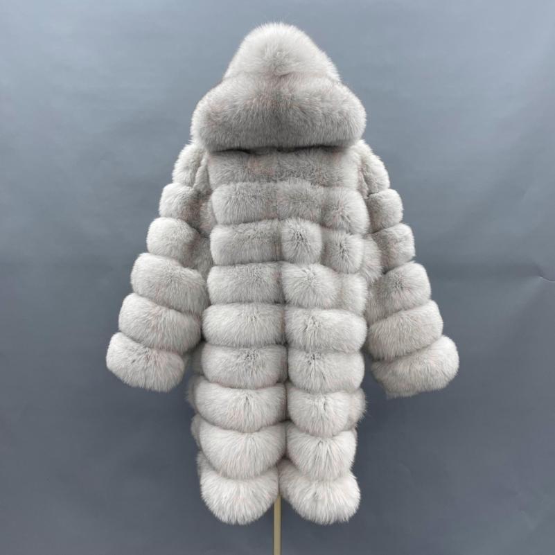 Long Blue Fox Hooded Fox Fur Coat - Janefur