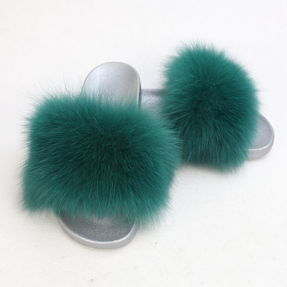 Janefur Wholesale Women's Fashion Slippers With Real Fox Fur Trim (Black, Gold, Silver Soles)