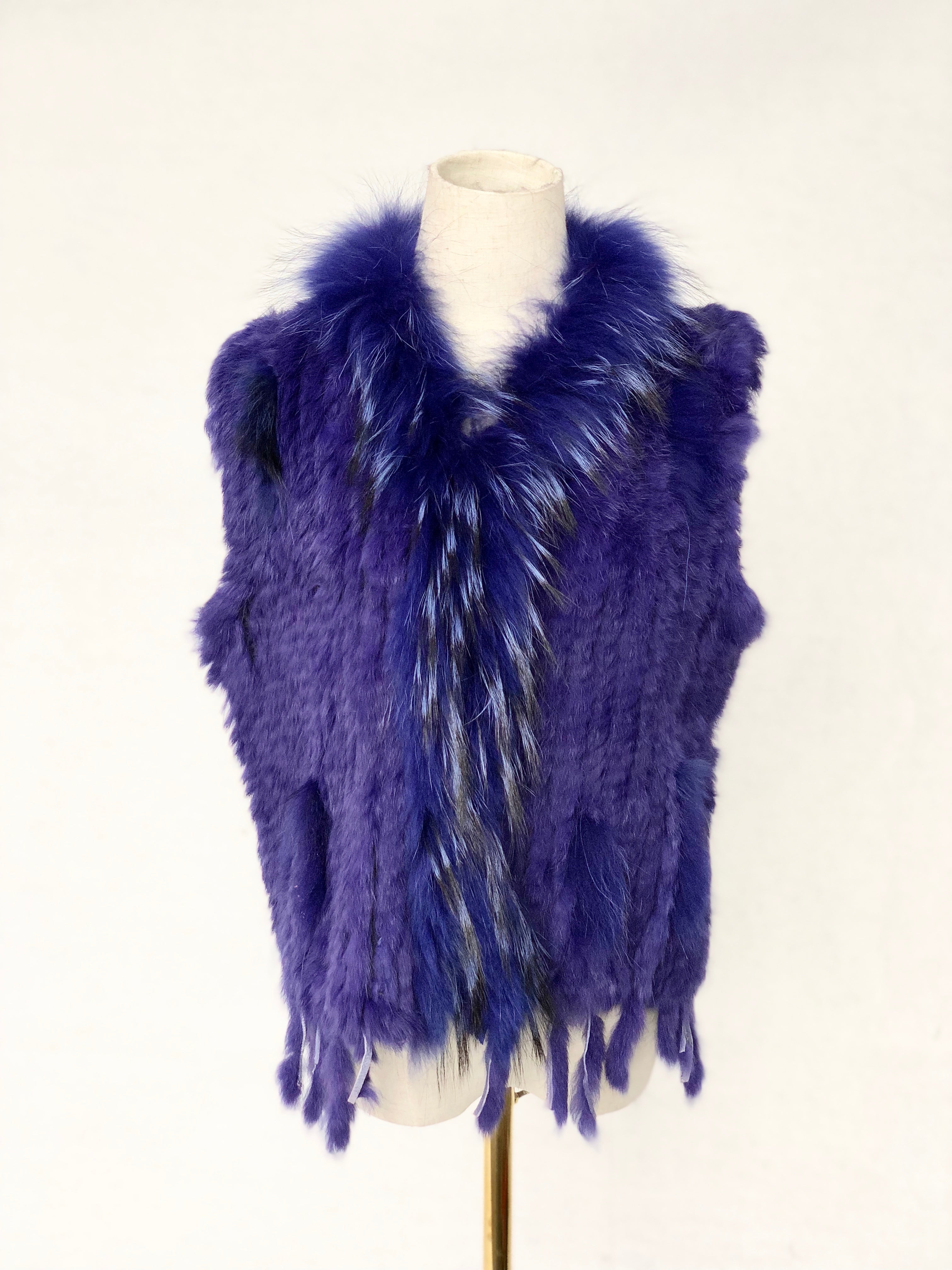 Women's Fuchsia Knitted Rabbit & Fox Fur Vest with Ragged Tramp Style & Fringe Details - Luxe Statement Outerwear