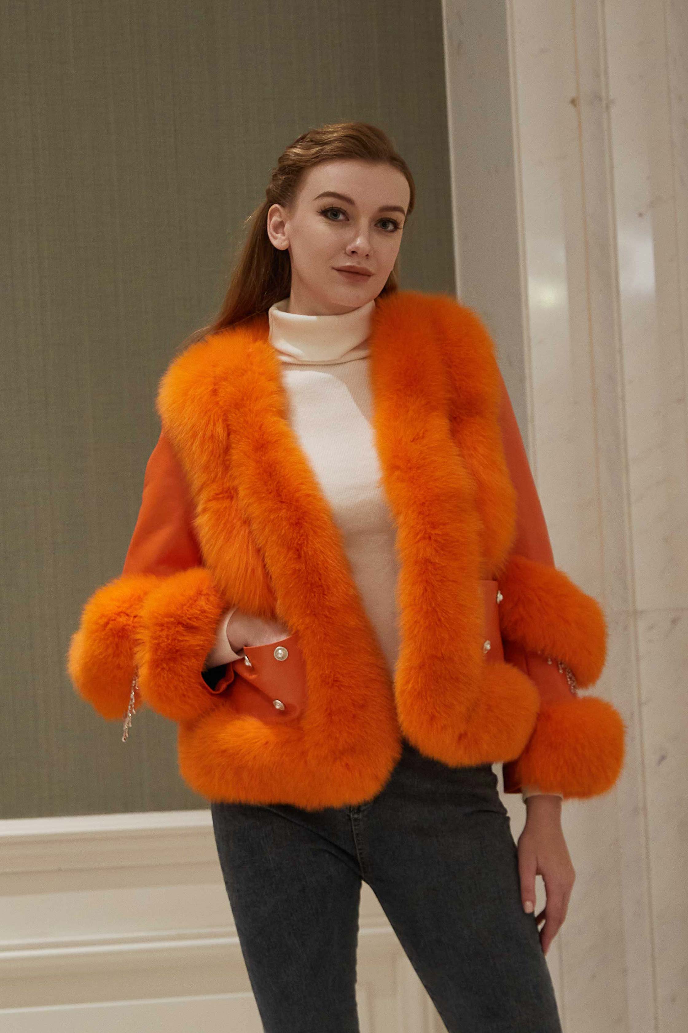 Women's Fox Fur Placket Down Jacket With Pearl Embellished Pockets - Janefur