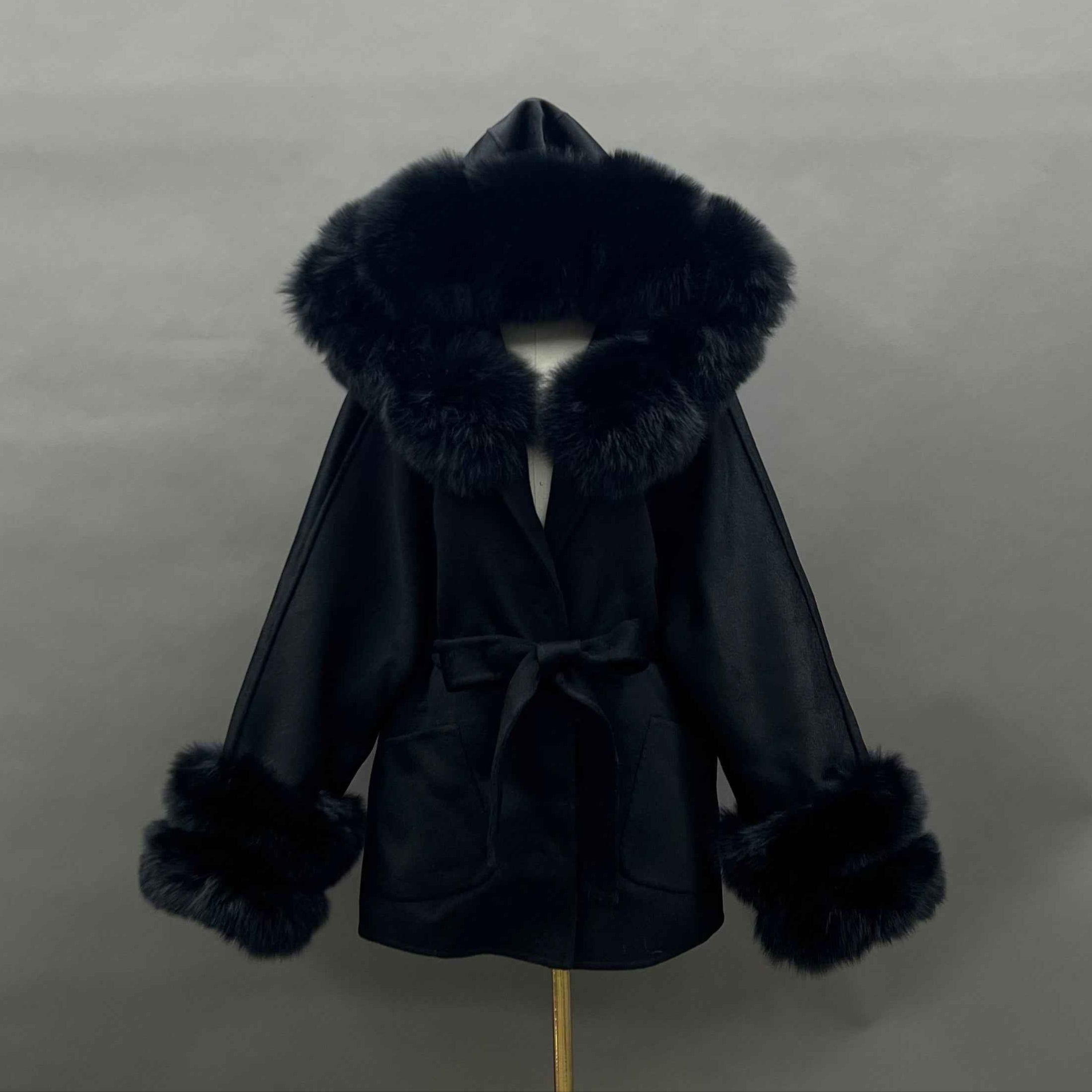 Autumn Winter Black Double - faced Wool Coat with Fox Fur Trim and Tie Waist