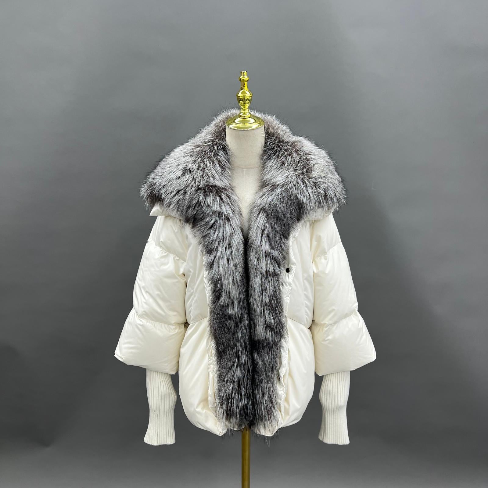 Goose Down Knitted Cuff Collar Large Lapel Women's Designer Down Jacket - Janefur