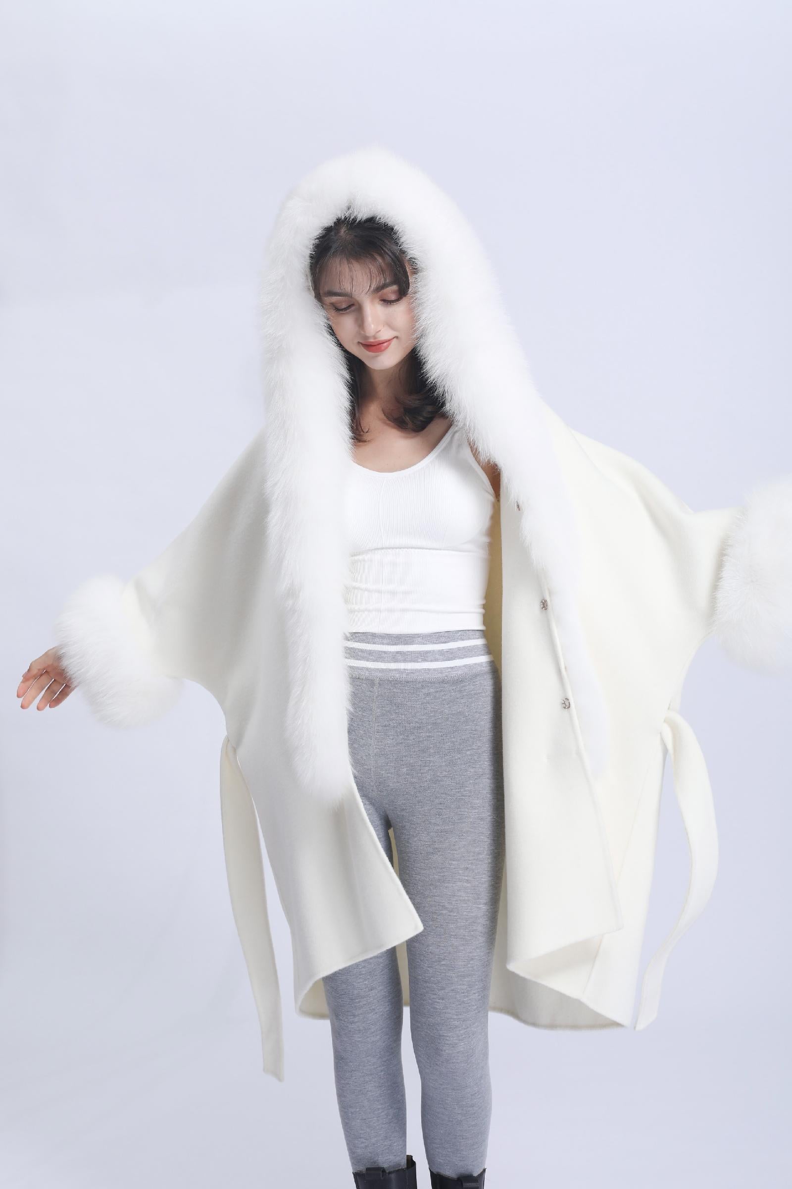 Wool Double-faced Coat with Fur Lapel Women's Casual Coat Cashmere Outerwear - Janefur