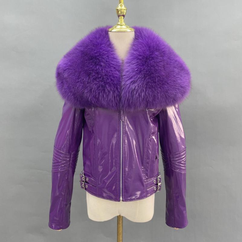 Women's Short Fox Fur Collar Bright Leather Coat - Janefur