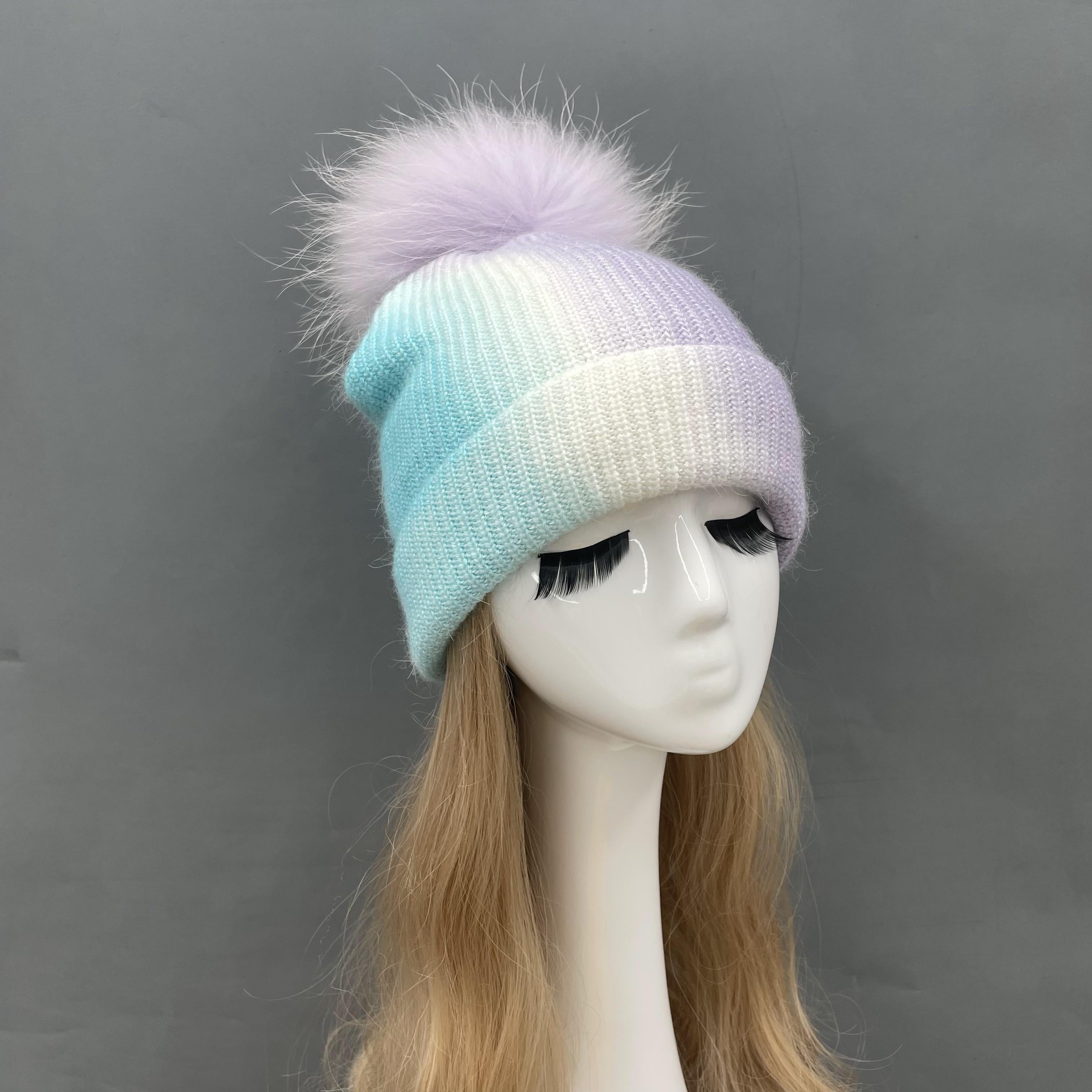 Ladies Gradient Angora Knitted Hat Fur Pom Pom - Janefur