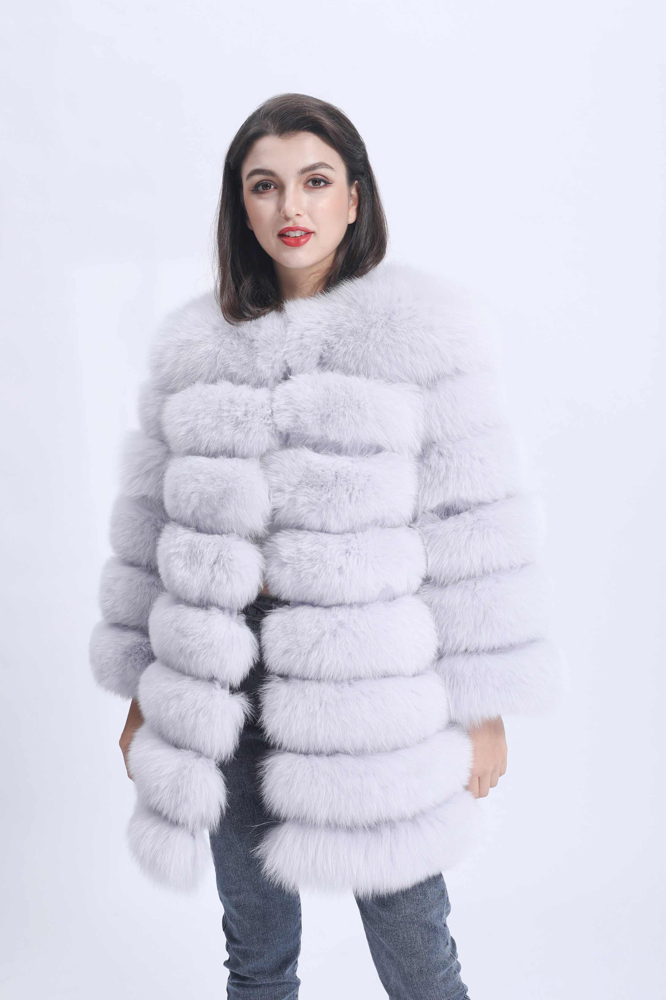 Women's Winter Warm Comfortable Crewneck Real Fox Fur Jacket - Janefur