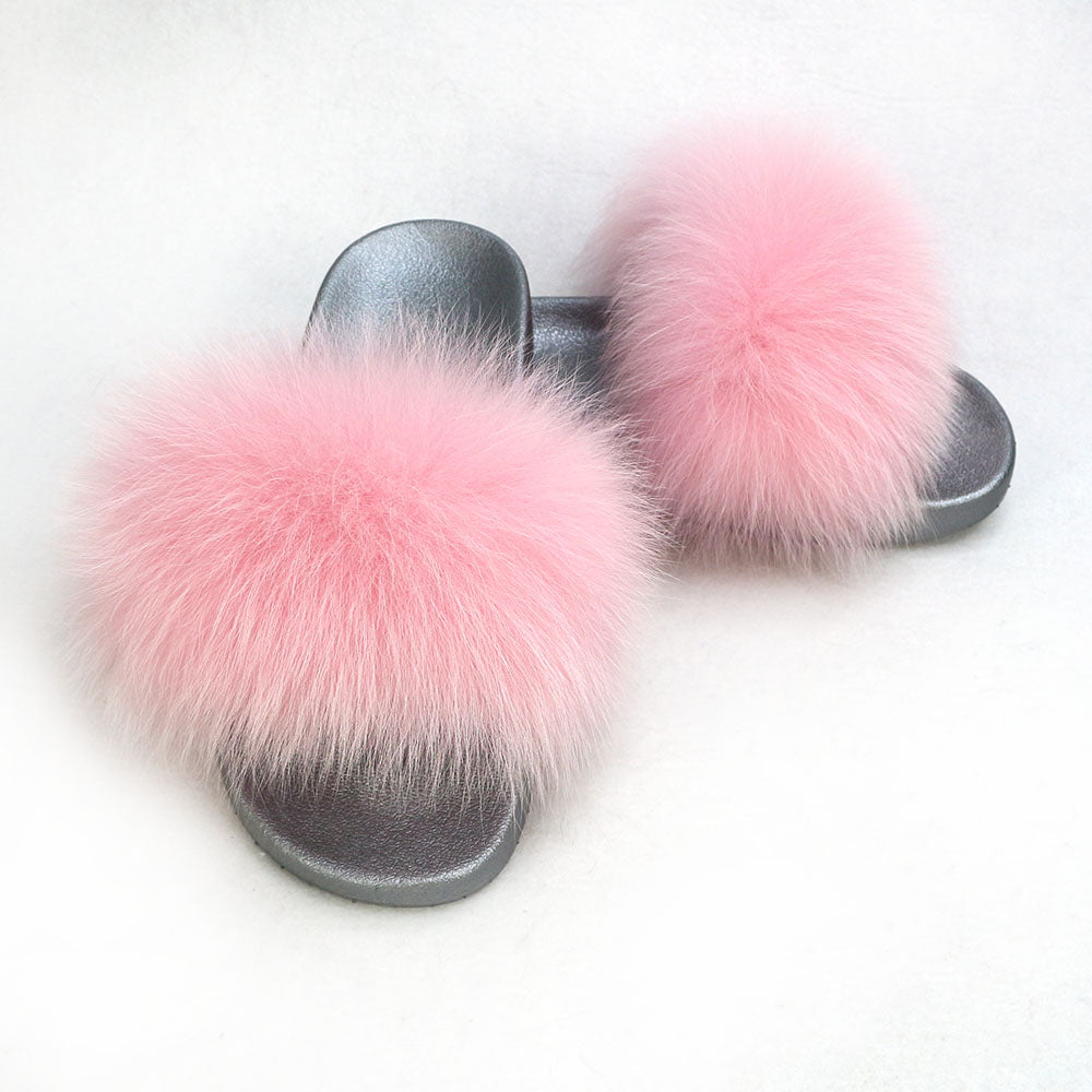 Janefur Wholesale Women's Fashion Slippers With Real Fox Fur Trim (Black, Gold, Silver Soles)