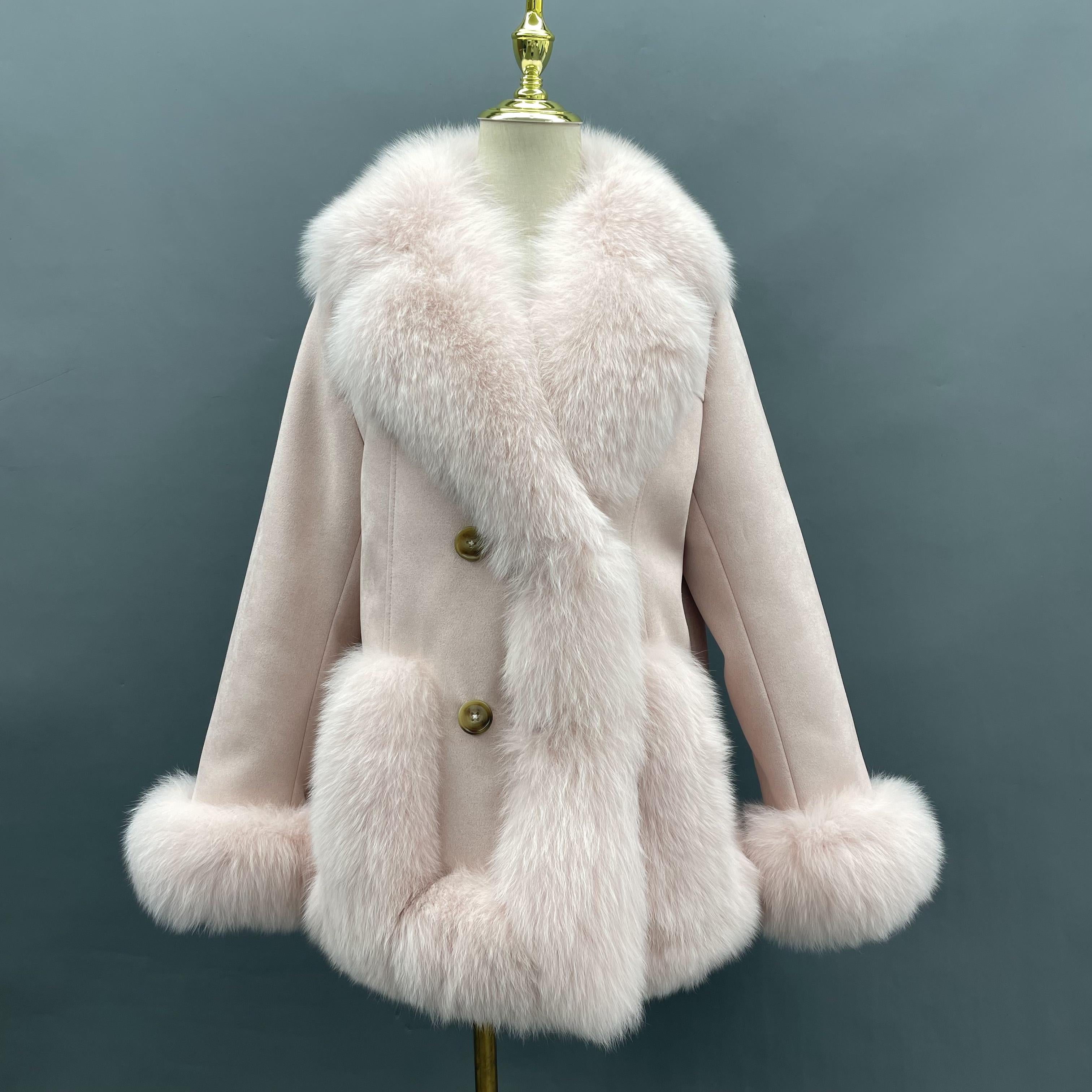 Suede Double Breasted Goose Down Women's Jacket with Suit Collar - Janefur