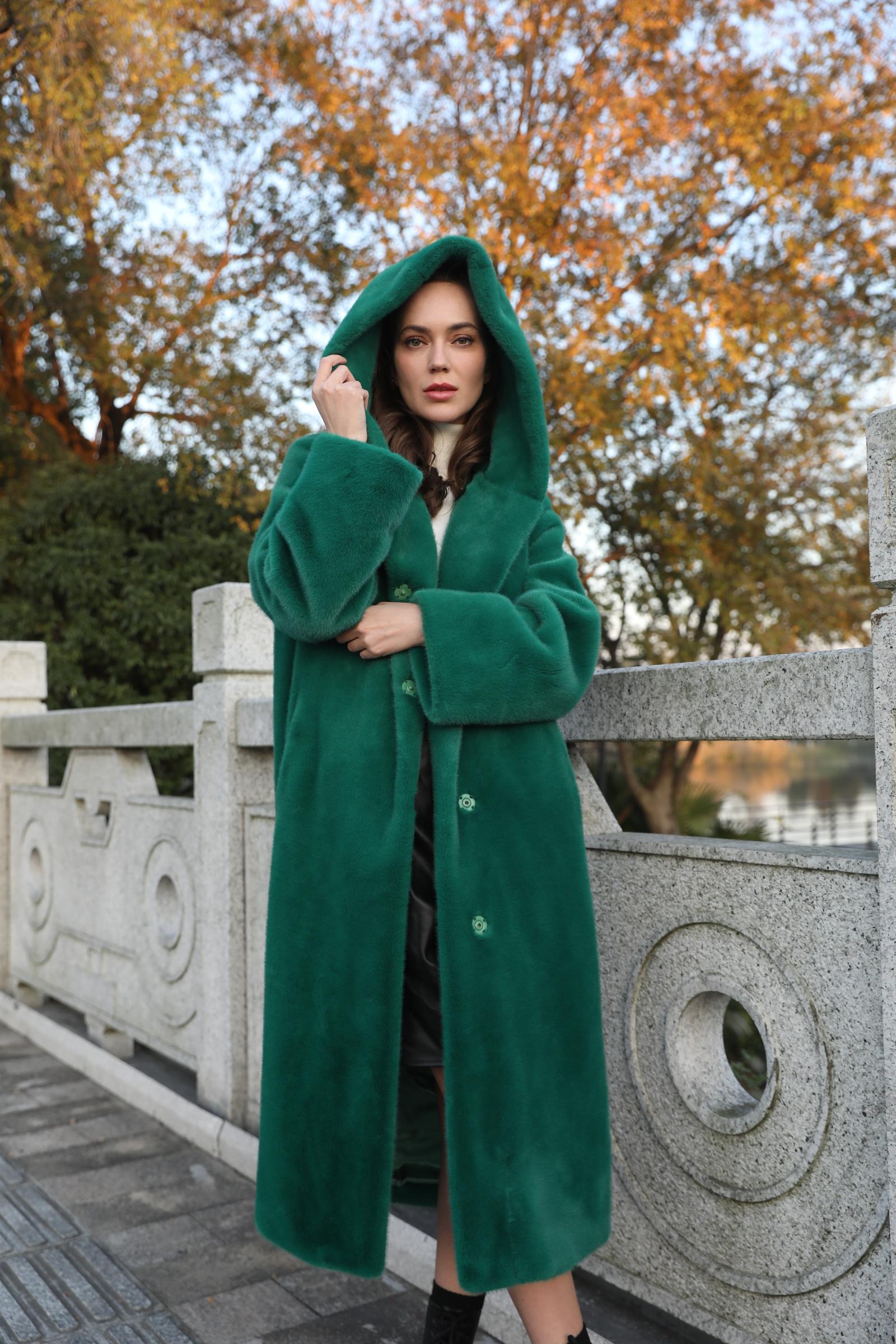 Women's Winter Fashion Windproof Hooded Pure Color Imitation Mink Eco Fur Coat - Janefur