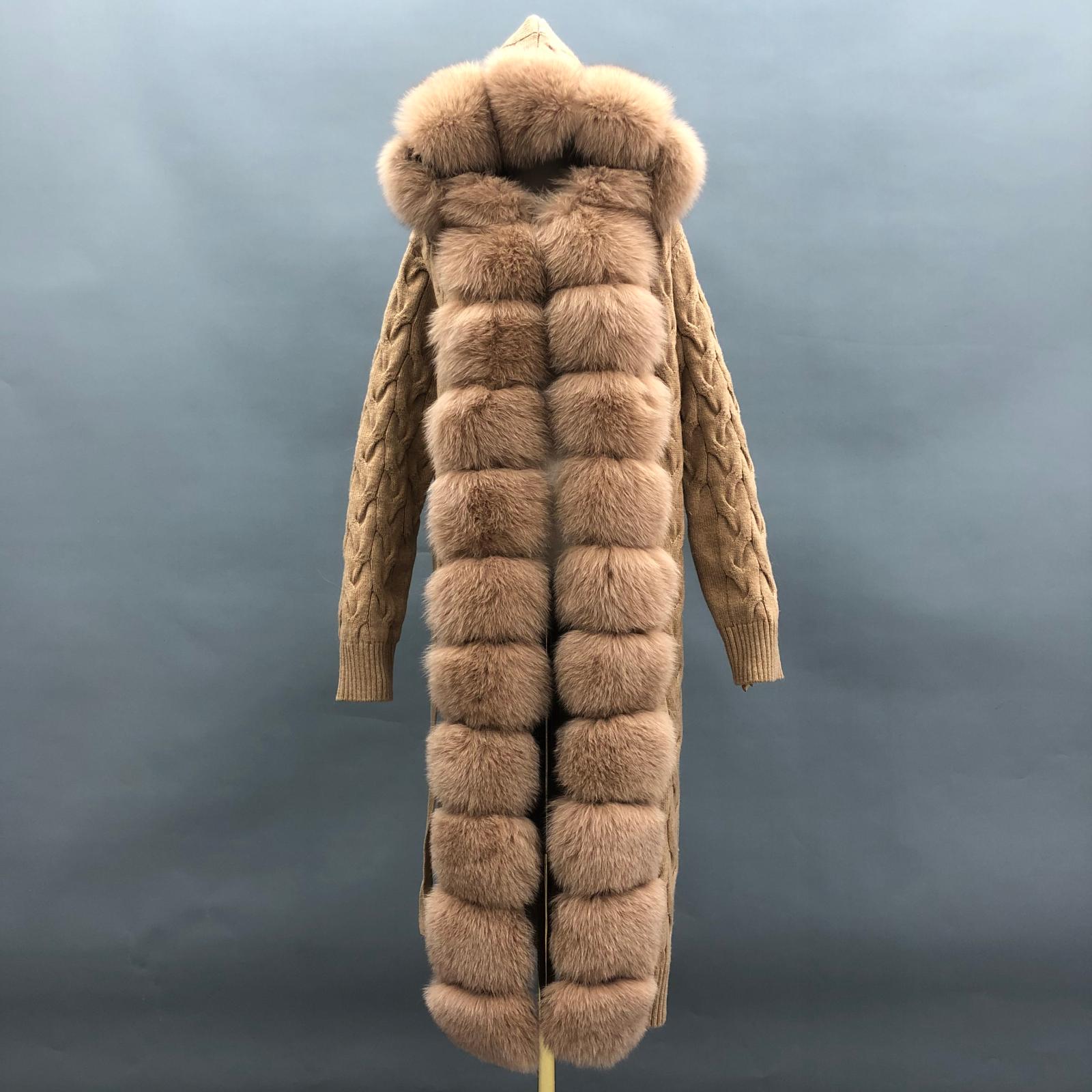 Women's Winter Fox Fur Lapel Hooded Knit Wool Fashion Long Coat - Janefur