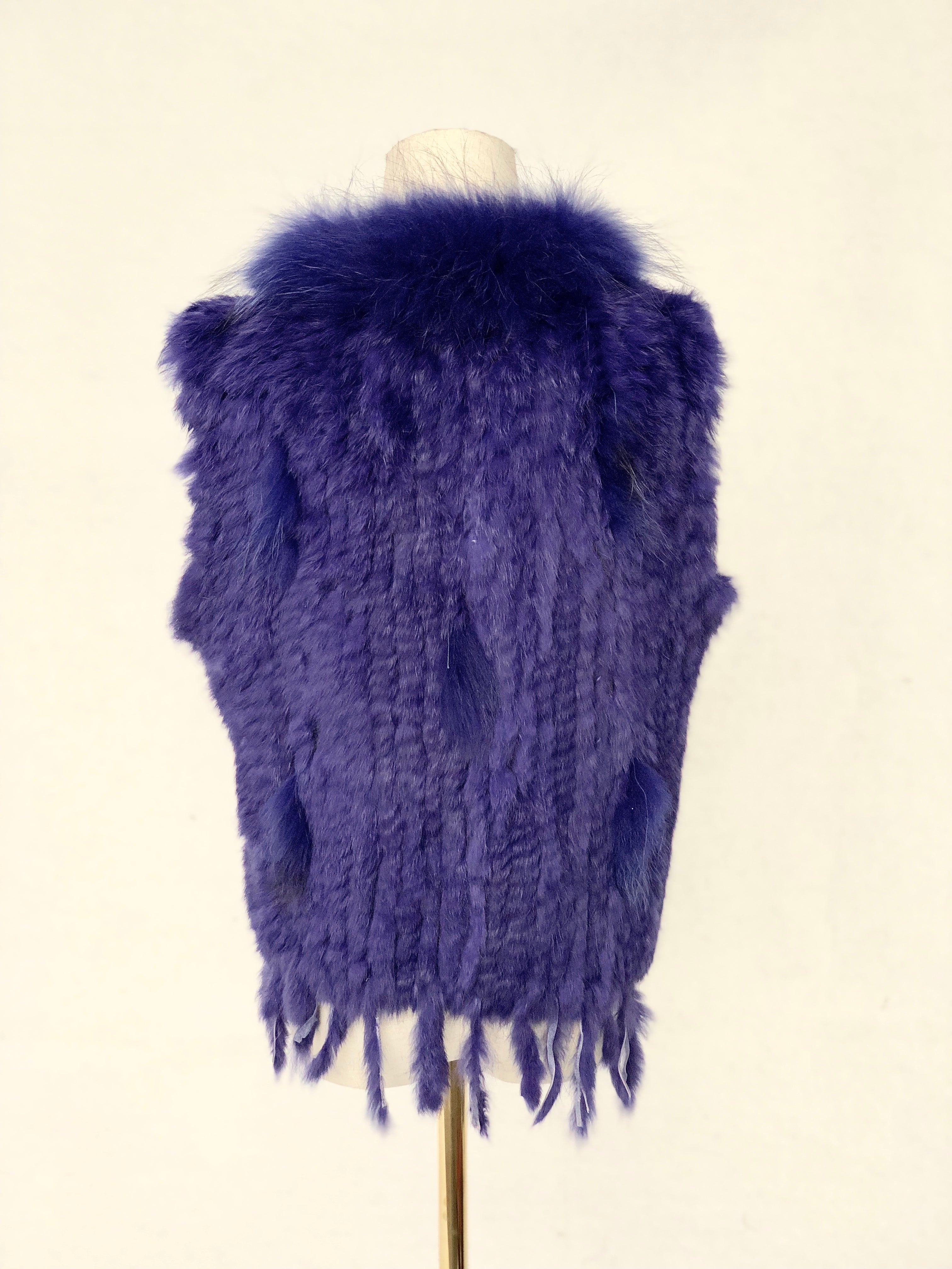 Women's Fuchsia Knitted Rabbit & Fox Fur Vest with Ragged Tramp Style & Fringe Details - Luxe Statement Outerwear
