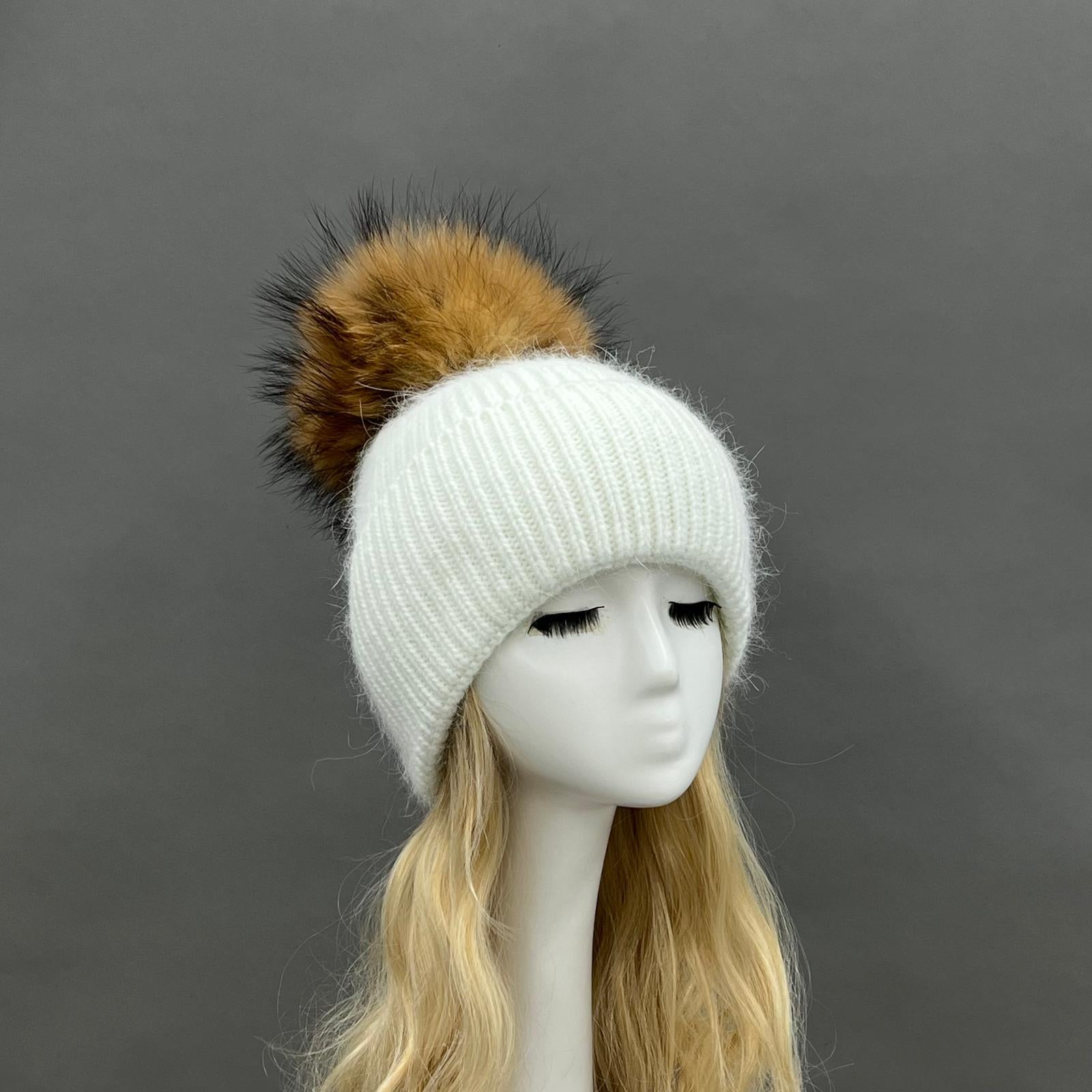 Women's Fashion Thin Striped Rabbit Fur Pom Pom Hat - Janefur