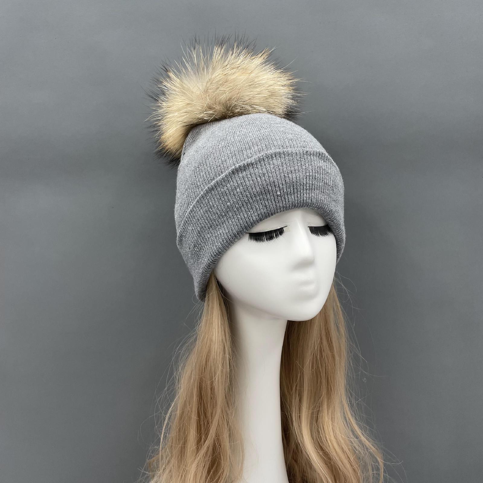 Solid Color Acrylic Knitted Hat with Single Fur Pom Pom Women's Knit Cap - Janefur