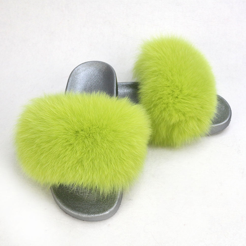 Janefur Wholesale Women's Fashion Slippers With Real Fox Fur Trim (Black, Gold, Silver Soles)
