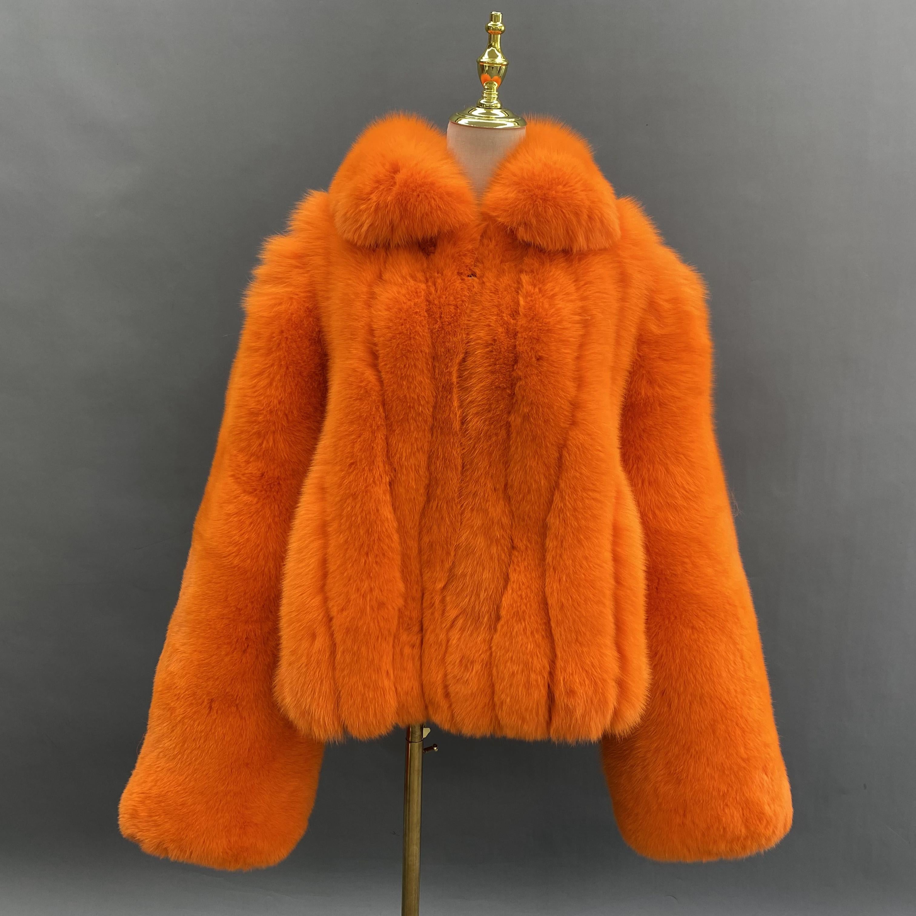 Men's Lapel With Vertical Stripes Special Fox Fur Coat 8#Orange