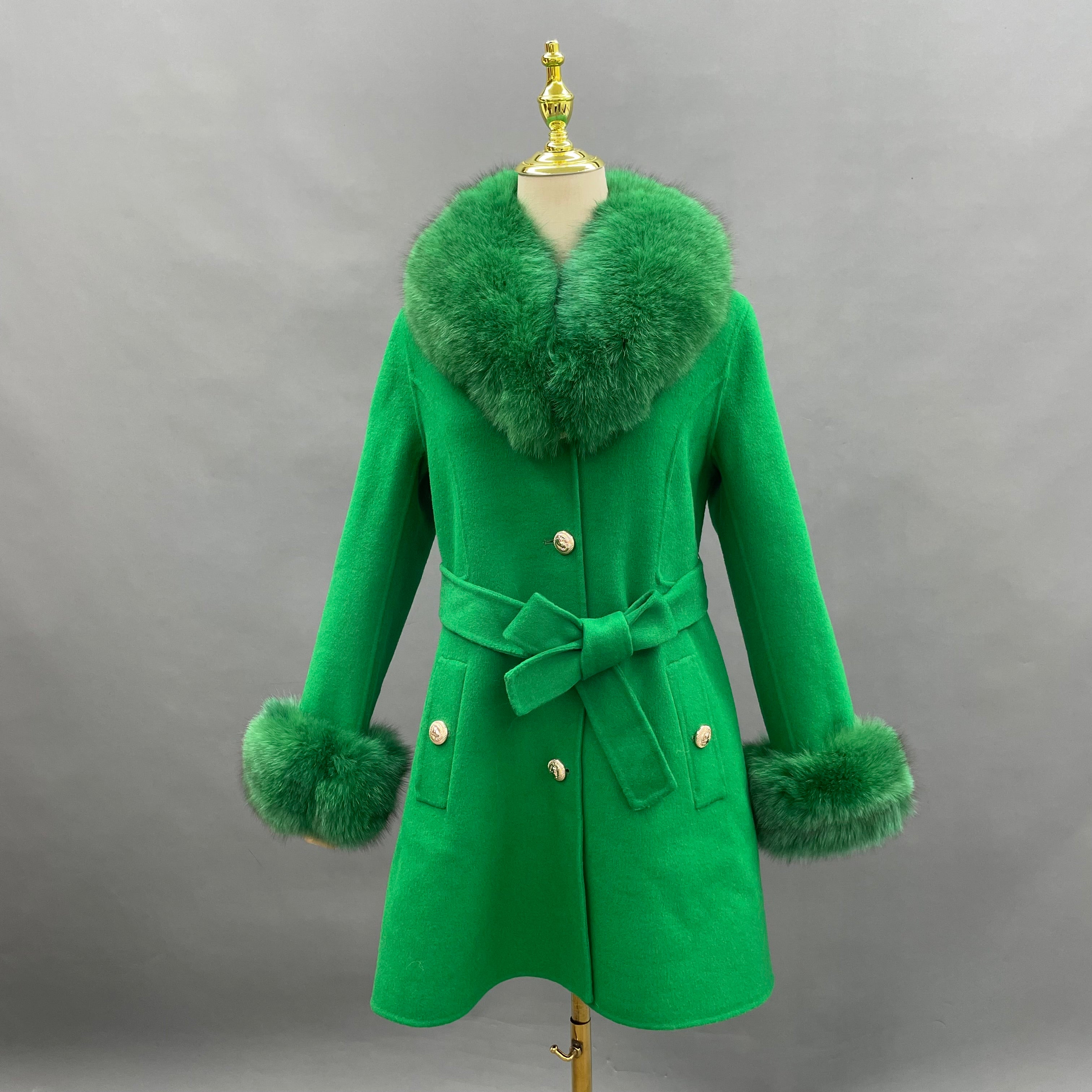 Women's Red Wool Belted Coat with Fox Fur Collar and Cuffs Trim, Elegant Long Winter Jacket for Casual Outfits 13#Fresh Green