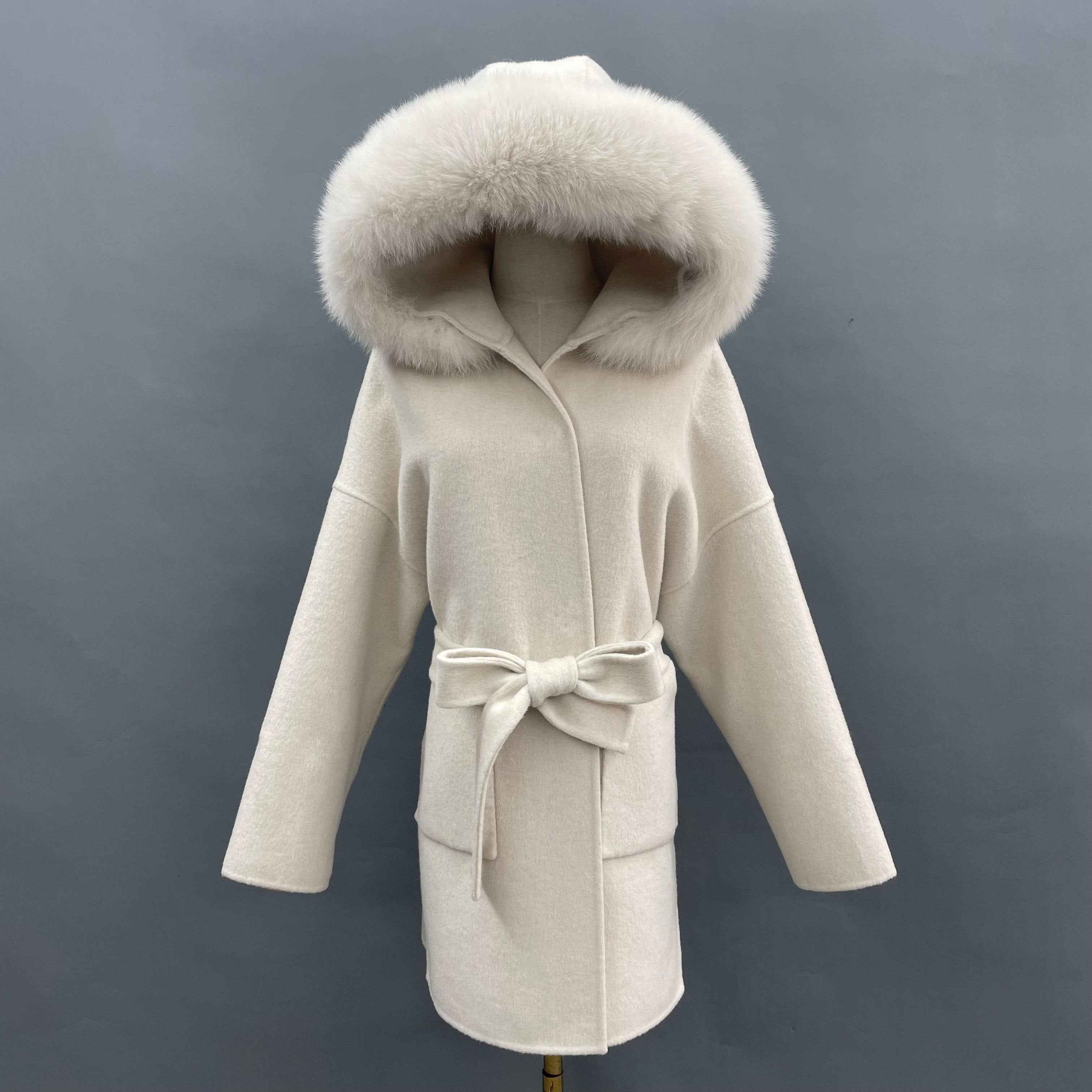 Double-sided Cashmere Mid-length Hooded Large Fur Collar Coat Women's Winter Coat - Janefur