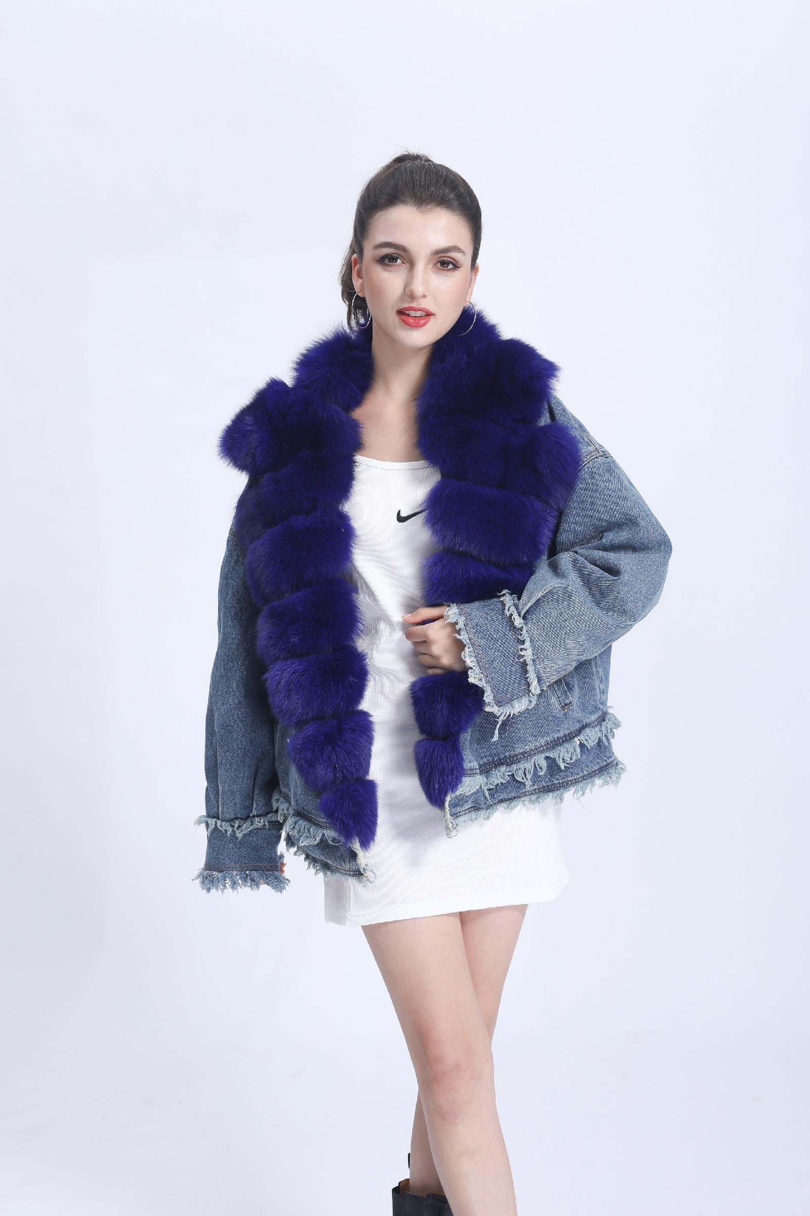 Women's Denim Jacket Leather Large Fox Fur Collar Winter Luxury Coat Fluffy Jacket Denim Blue Down Outerwear - Janefur