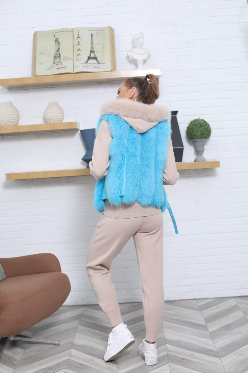 Vertical Stripe Buckle Decorated Draped Fox Fur Vest (Short) - Janefur