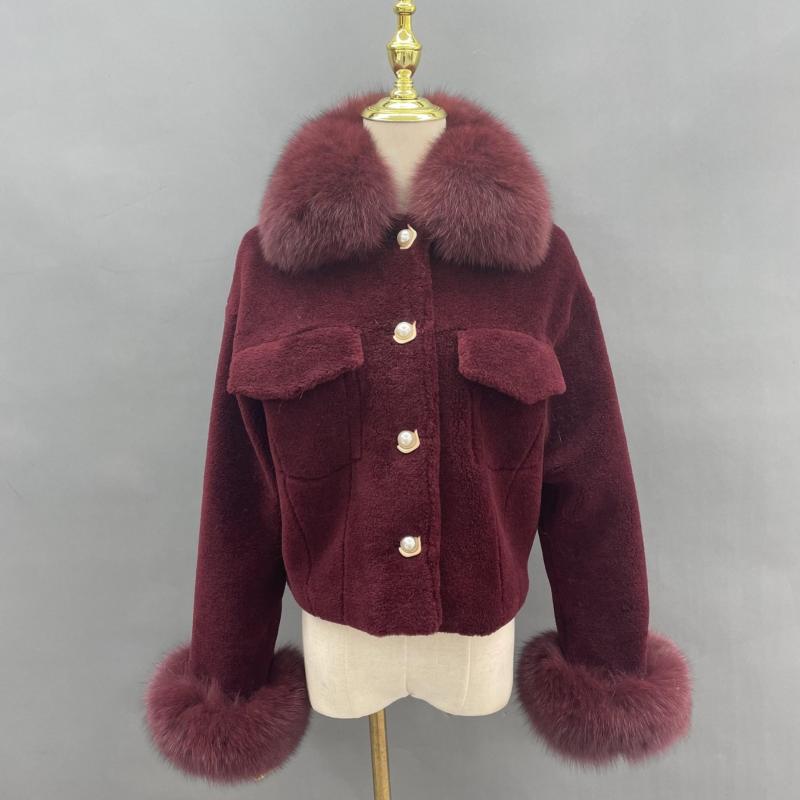 Pearl Button Lapel Shearling Short Jacket - Janefur