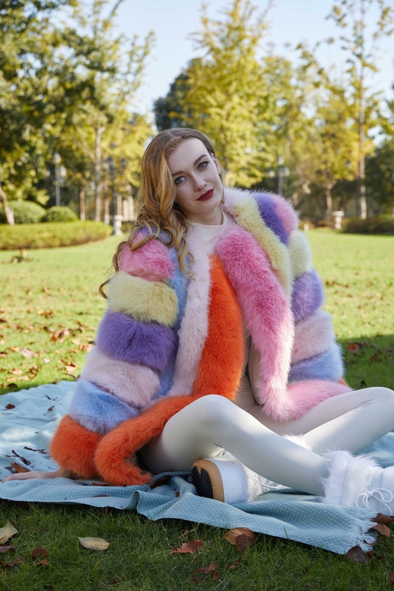 New Women's Vertical Stripe Long Faux Fox Fur Coat Eco Fur Coat - Janefur