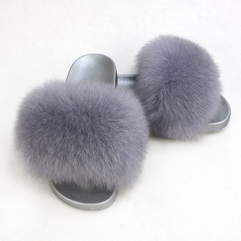 Janefur Wholesale Women's Fashion Slippers With Real Fox Fur Trim (Black, Gold, Silver Soles)