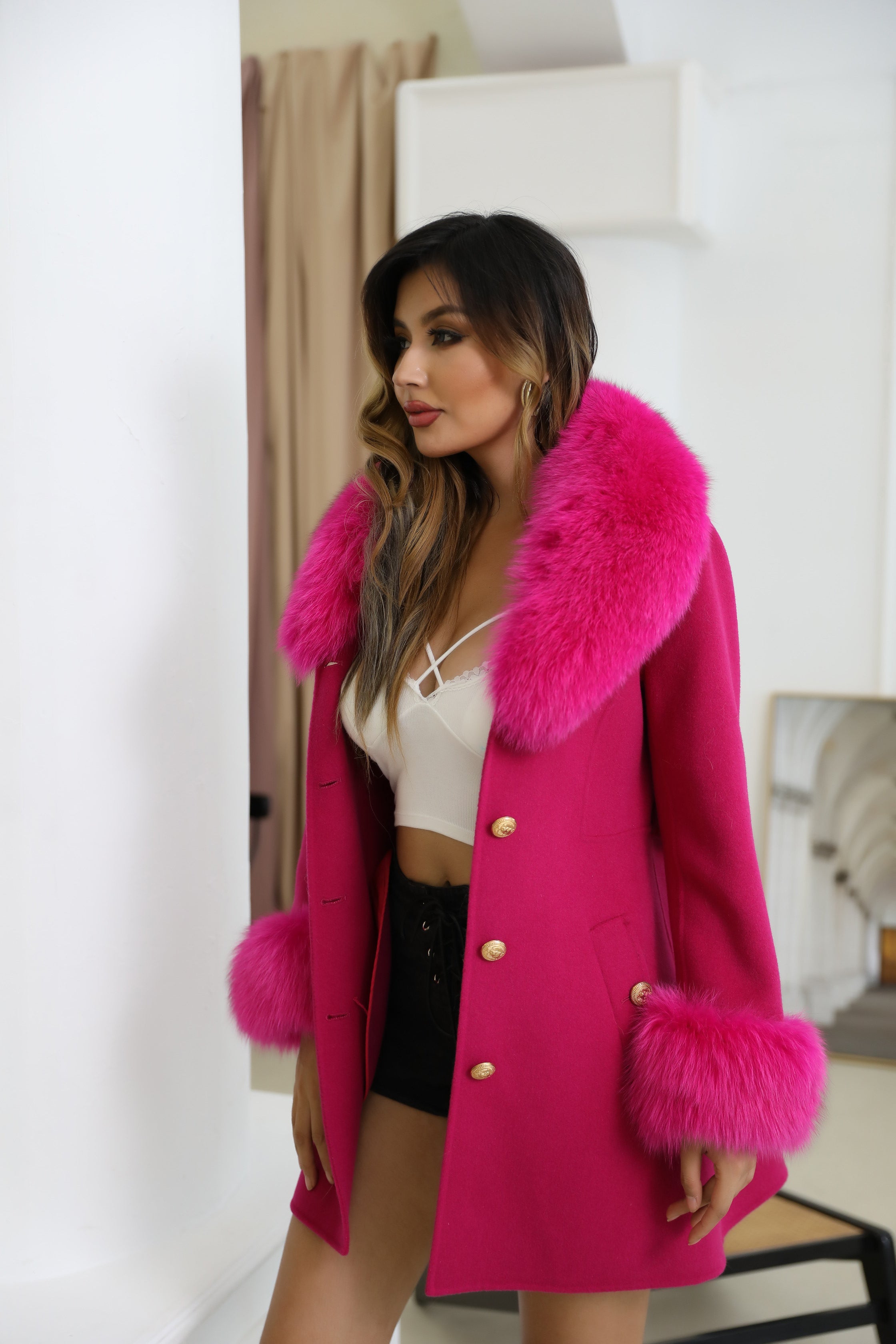 Autumn Winter Red Double - faced Wool Belted Coat Pink