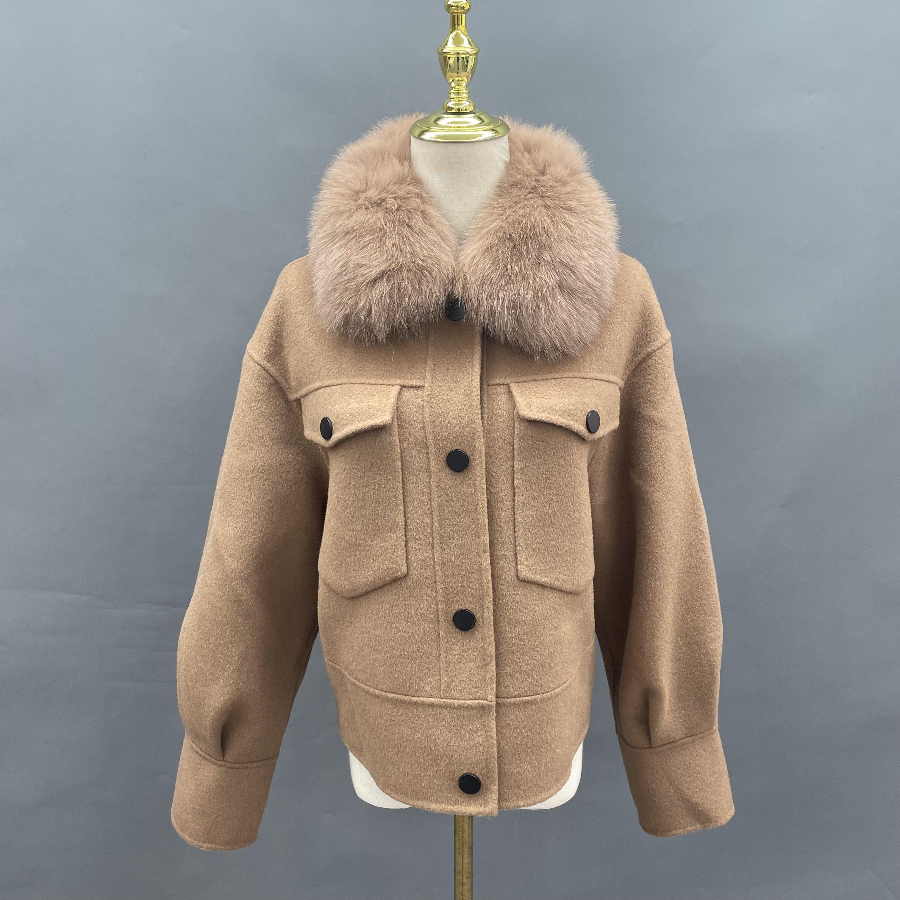 Women's Short Fox Fur Lapel Buckle Fly Casual Cashmere Jacket - Janefur