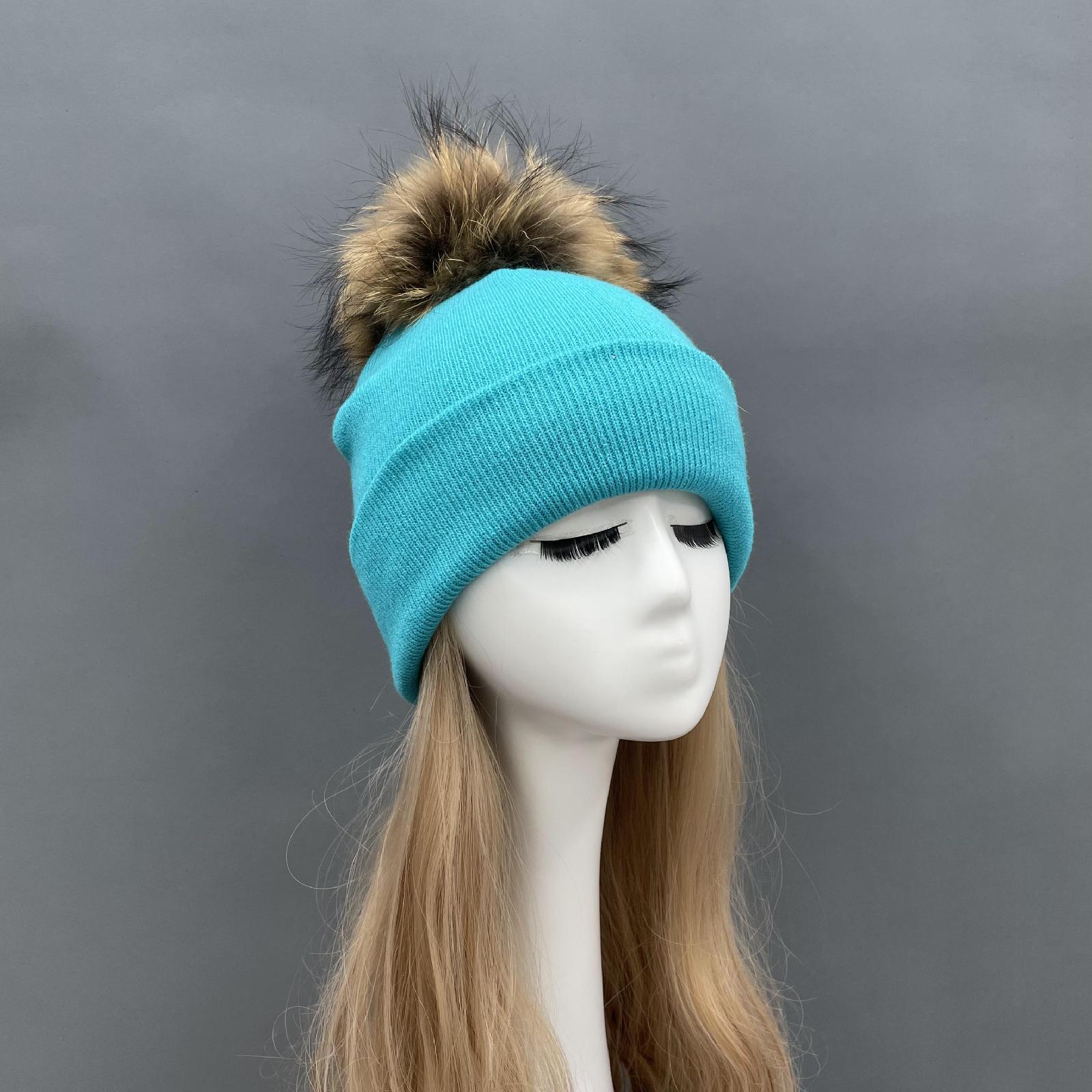 Solid Color Acrylic Knitted Hat with Single Fur Pom Pom Women's Knit Cap - Janefur