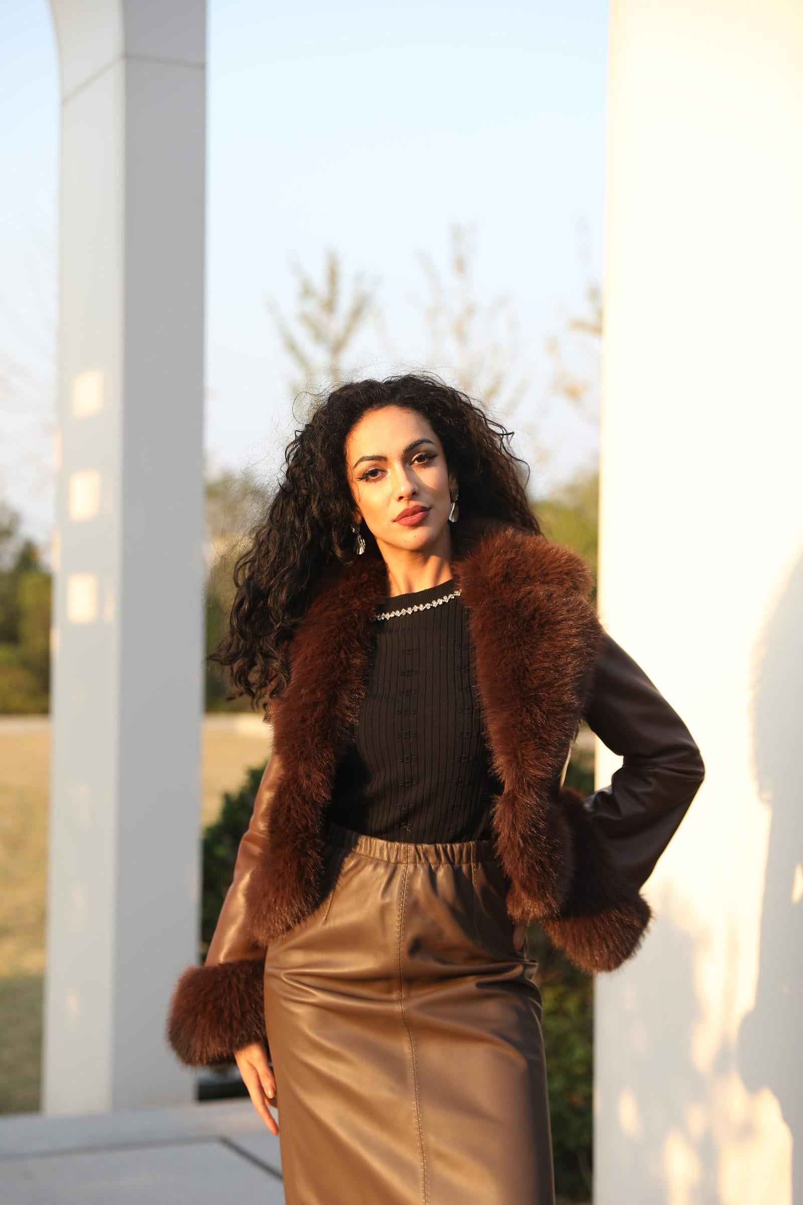 Eco-Friendly Leather-Like Faux Fur Trendy Suit Collar Buttoned Leather Coat - Janefur