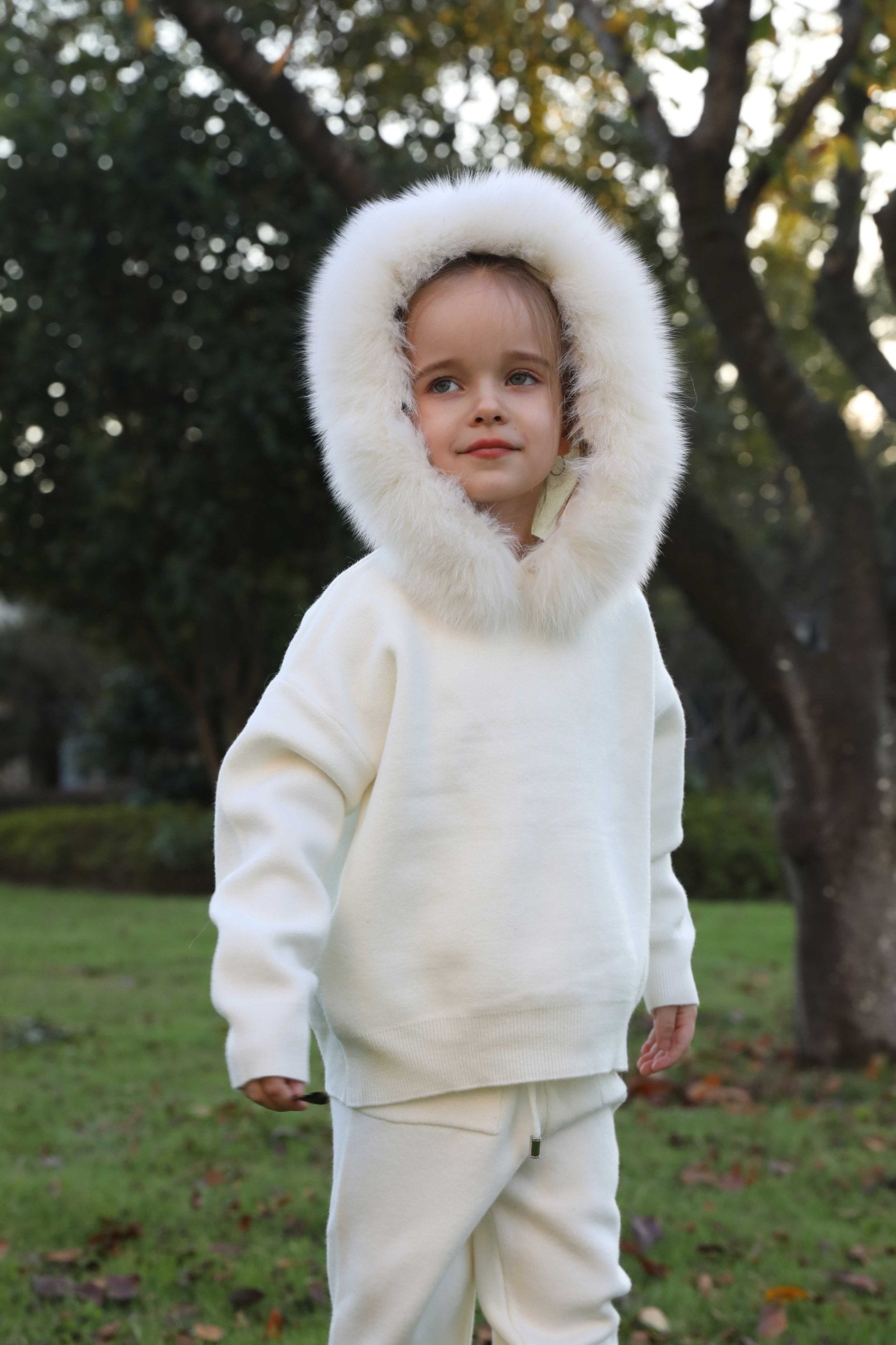 Children's Suit Fall and Winter Fur Collar Hooded Knit Sweatshirt Set - Janefur